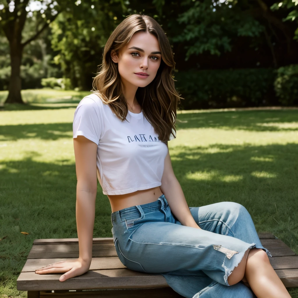 bokeh,distance shot, full view,cinematic light,DSLR,masterpiece,high detailed, Keira Knightley actress, 8k, masterpiece, ultrarealistic picture, perfect details on her face, midriff, cropped tshirt, barefoot, excellent outfit view, perfect randered, perfect texture, actress keiraknightley, cute smile, Wallpaper, belly, midriff, feet, no shoes, high quality, summer outfit, long pants, real life looking of the actress, feet, background: Park