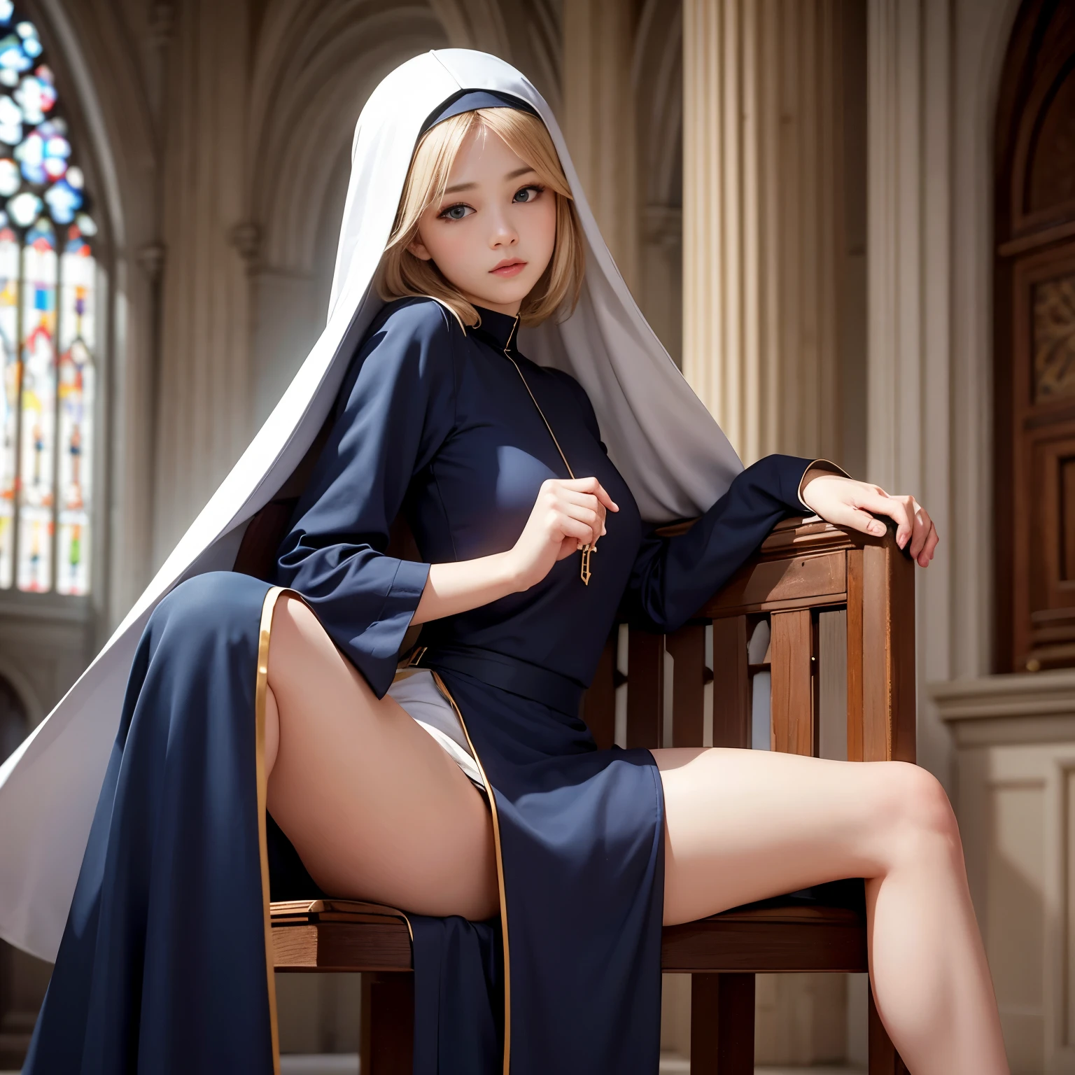 photorealistic、whole body、High resolution, best quality, super high quality, high quality, High resolution, ウルトラHigh resolution, disorganized, In 4K, In 8K, hyper-detailed, intricate details、14 year old girl with beautiful features、Slender body type、great shading, high contrast, Reality, realistic photo, Raw photo, Photography, Super thin illustration, Shrinkage rate, perfect anatomy, correct anatomy, perfect proportions, perfect face, perfect hands, perfect legs, perfect fingers、chest small、blue eyes、Blonde semi-long、Black nun attire、The background is the chapel of the cathedral、Front facing、sit on a chair with both knees bent、open leg、I can see white underwear、private parts visible、crying face、looking at the camera