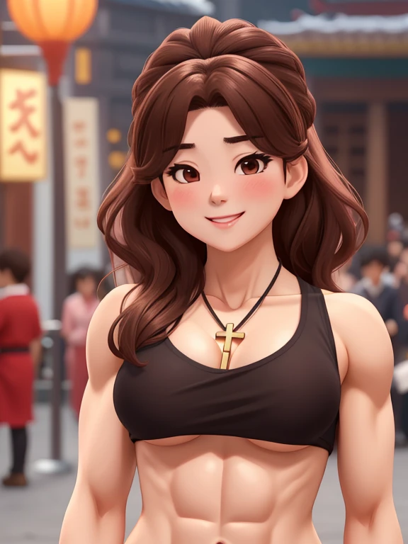 attractive korean woman, ripped muscle, muscular body, small breast, pale skin, smile(blush), nude, sarong, thin necklace, sixpack abs, [ultra detailed skin:1.2], brown hair, wavy hair, 8k uhd, pussy, full body, crowd, public, night, standing,