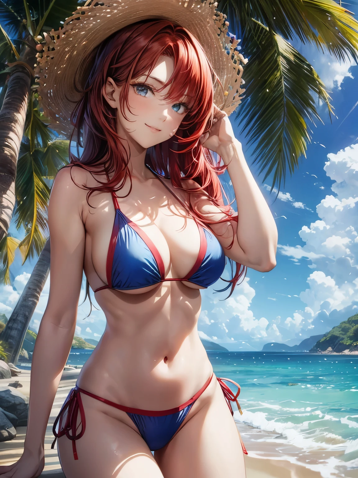 highest quality、complete limbs、full finger、(((red hair woman:1.3)))、medium hair woman、Beauty busty woman:1.3、(((woman wearing a blue bikini:1.3)))、big smile、bare hands、barefoot、Ocean、beach、sandy beach、sexy pose、standing by the water
