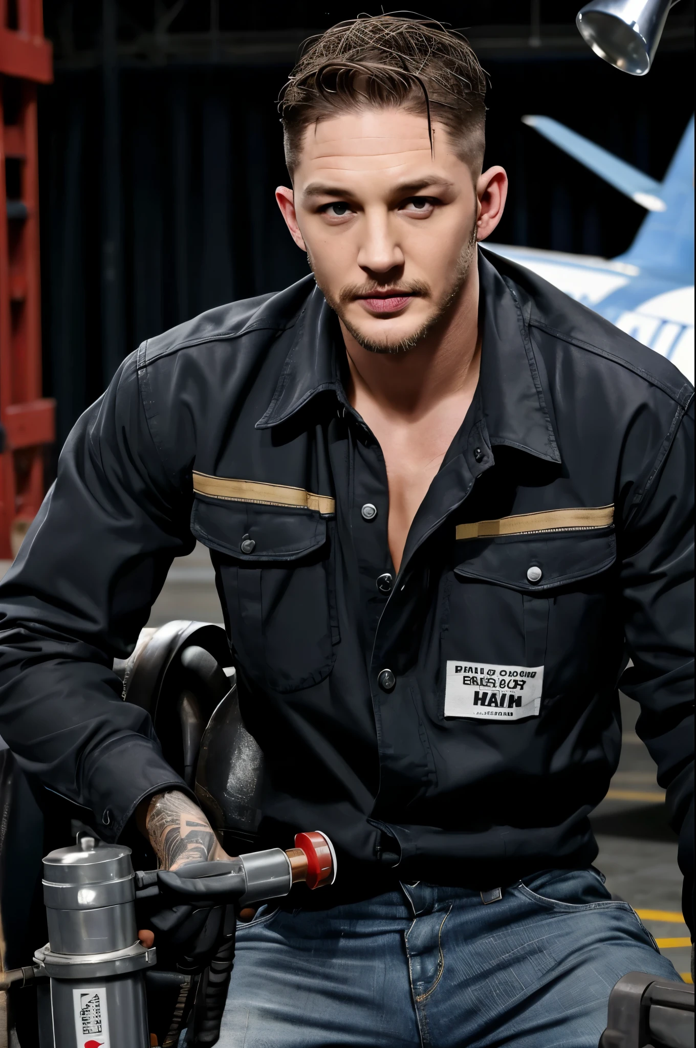 (Black and white photos), (actor Tom Hardy repairing an airplane engine), (holding a super large air gun Pneumatic Runner: 1.34), (face with oil stains), his fair and smooth skin is flawless, his eyes are deep, his chin and face are smooth, his muscles are well-developed, he doesn't have a top, and his lower body is wearing jeans. (Round inch hairstyle: 1.34), actor Tom Hardy, actor Tom Hardy, his decisive style, Sharp focus,
Movie lighting, background: airport repair workshop,