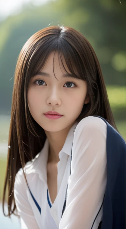 (((high detal,high-detail、​masterpiece,Attention to detail))),Arab-asian woman in uniform, Realistic Young Gravure Idol, a hyperrealistic schoolgirl, Japan , japanese girl , a hyperrealistic schoolgirl,Young Pretty Gravure Idol, wearing japanese , Young Sensual Gravure Idol, Young Gravure Idol, Beautiful but innocent schoolgirl when you laugh,the whole body is wet,dripped out,with a flushed face,Beautiful girl with beautiful legs,Beautiful woman natural light、the whole body is wet,Sheer clothing,Semi-long,perm,Brown shiny hair,Hair is wet,Dripping water,dripping,,Have a troubled face,