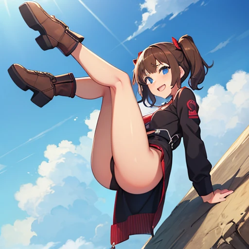 Completely naked, leaning over, Climax, get excstacy, no clothes, masterpiece, very short pigtails,brown hair, Hair tie with two big red clothespins, mature, Female robot, android, joint seam, blue eyes, full body figure, Height: 160cm, flushed cheeks, 2020s anime picture, ball joint, missionary angle, joy, A big smile, jump　A beautiful robot with short brown hair in two short pigtails held up by two large red clothespins.　25 years old　2020s anime picture　blue eyes　Uplifting, No NSFW, whole body, spread legs, Brown short boots