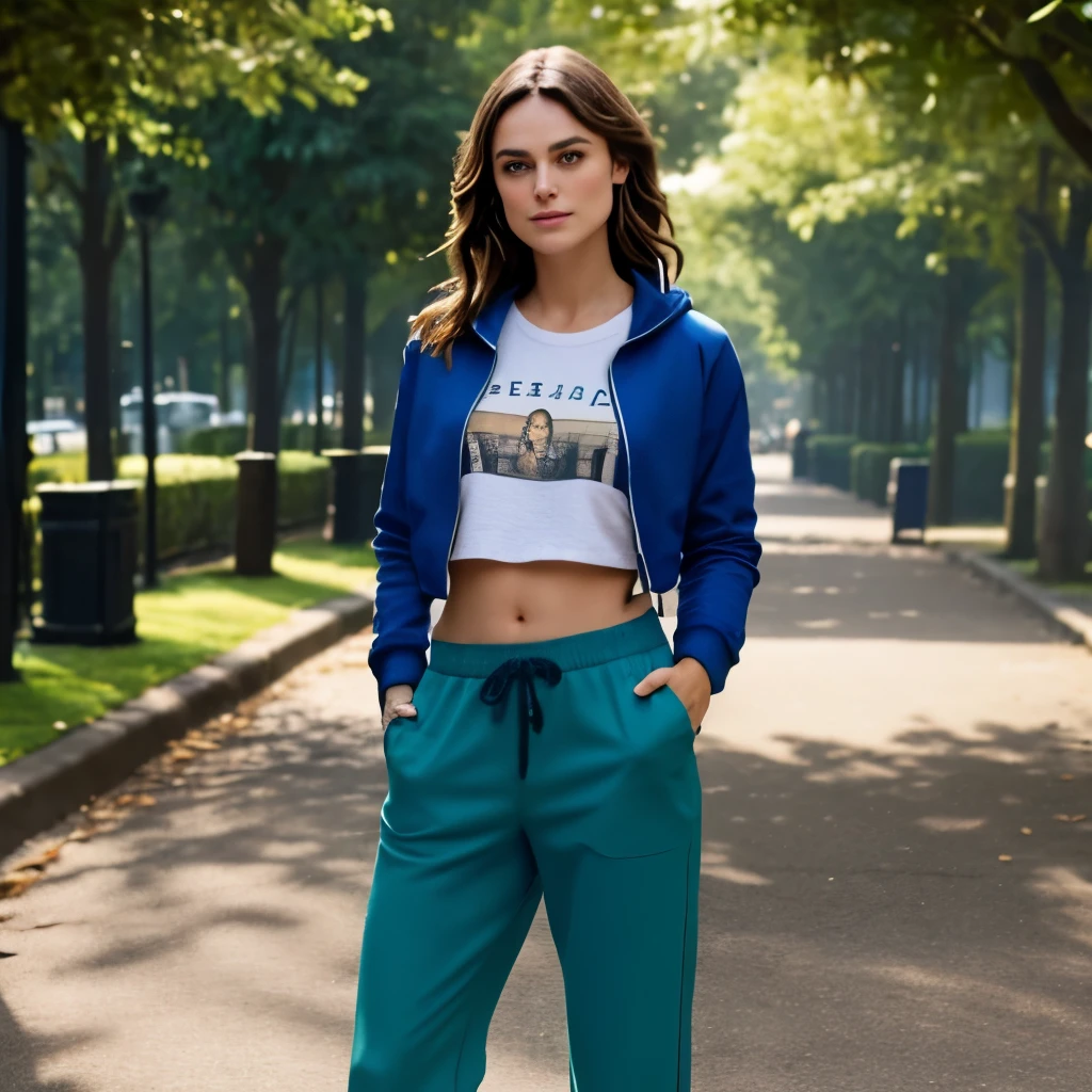 bokeh,distance shot, full view,cinematic light,DSLR,masterpiece,high detailed, Keira Knightley actress, 8k, masterpiece, ultrarealistic picture, perfect details on her face, midriff, cropped tshirt, barefoot, excellent outfit view, perfect randered, perfect texture, actress keiraknightley, cute smile, Wallpaper, belly, midriff, feet, no shoes, high quality, summer outfit, long pants, real life looking of the actress, feet, background: Park, wearing a cropped sweatjacket, she is standing
