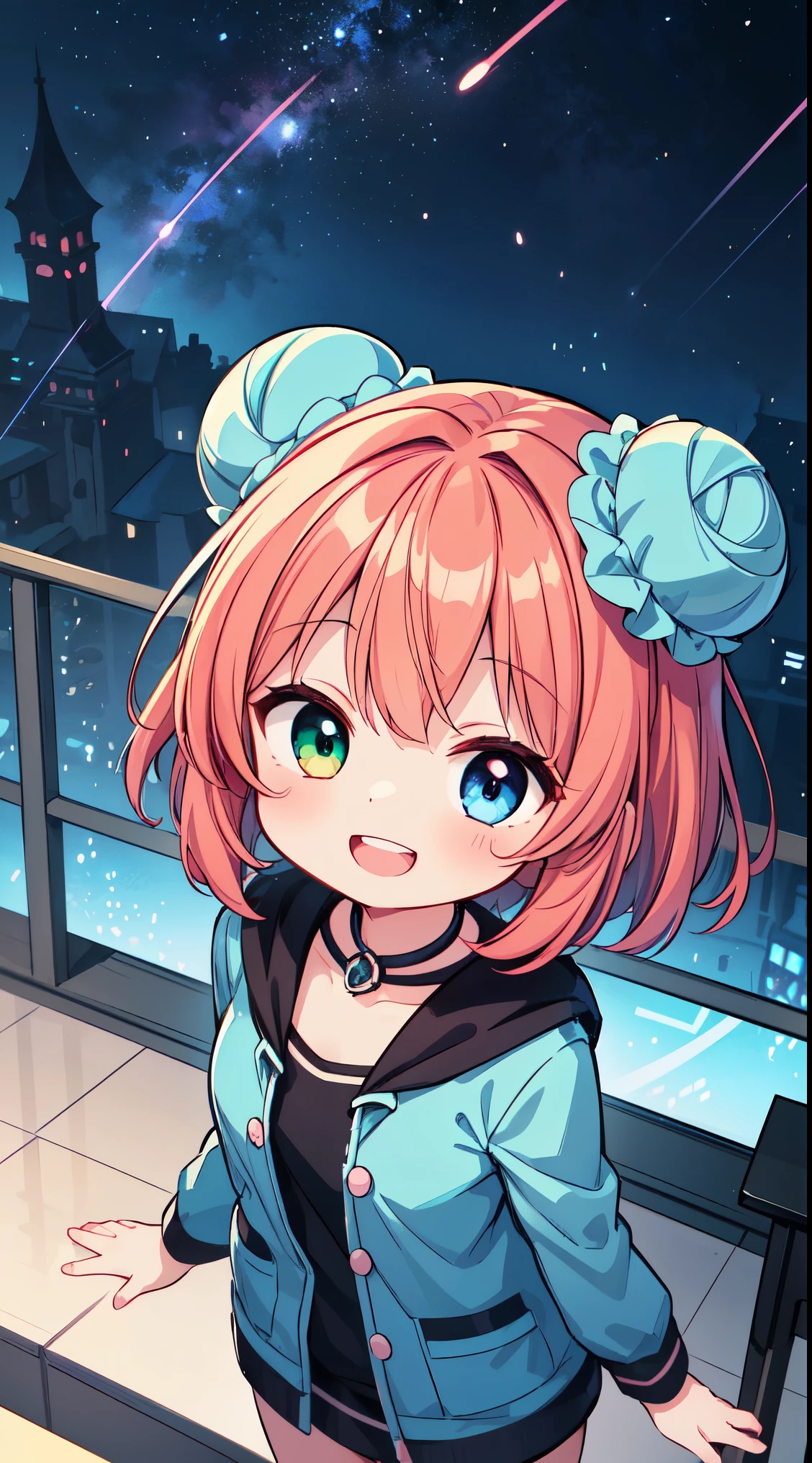 (super fine illustration:1.2),(masterpiece, 8k), (best quality, high quality:1.4), perfect anatomy, hyper detailed, ultra detailed,masterpiece background,beautiful detailed background, v8k wallpaper,perfect design,award-winning art,atmospheric,
BREAK, 1 beautiful girl, (kawaii:1.5), (Chibi: 0.8), (kawaii: 1.5), (: 0.5), ( years olirl), BREAK(Red hair, short-hair,Two buns hair:1.4),(:D,grin:1.3),( Heterochromia,The blue eyes,The green eyes, Eye Highlights,The first hyperfine stars:1.45), star the eye silhouette thick eyelashes, naked double eyelids:1.2),(de pele branca), (The best smile,:D:1.45),
BREAK, Fantasy world city floating high in the fantastic sky,BREAK, (,coat:1.1),
BREAK,wakame,wakame,wakame,(Cowboy Shot,from above:1.4),
BREAK,(Blurry background:1.3),(absurderes, hight resolution, Super Detail Art),cel shading,Clear Color, Lonely optical effect, Beautiful pictures, Bright glow, mystic atmosphere,(Close-up of girl:1.1), Mystical light particle effect,manga influence, clean line drawings,