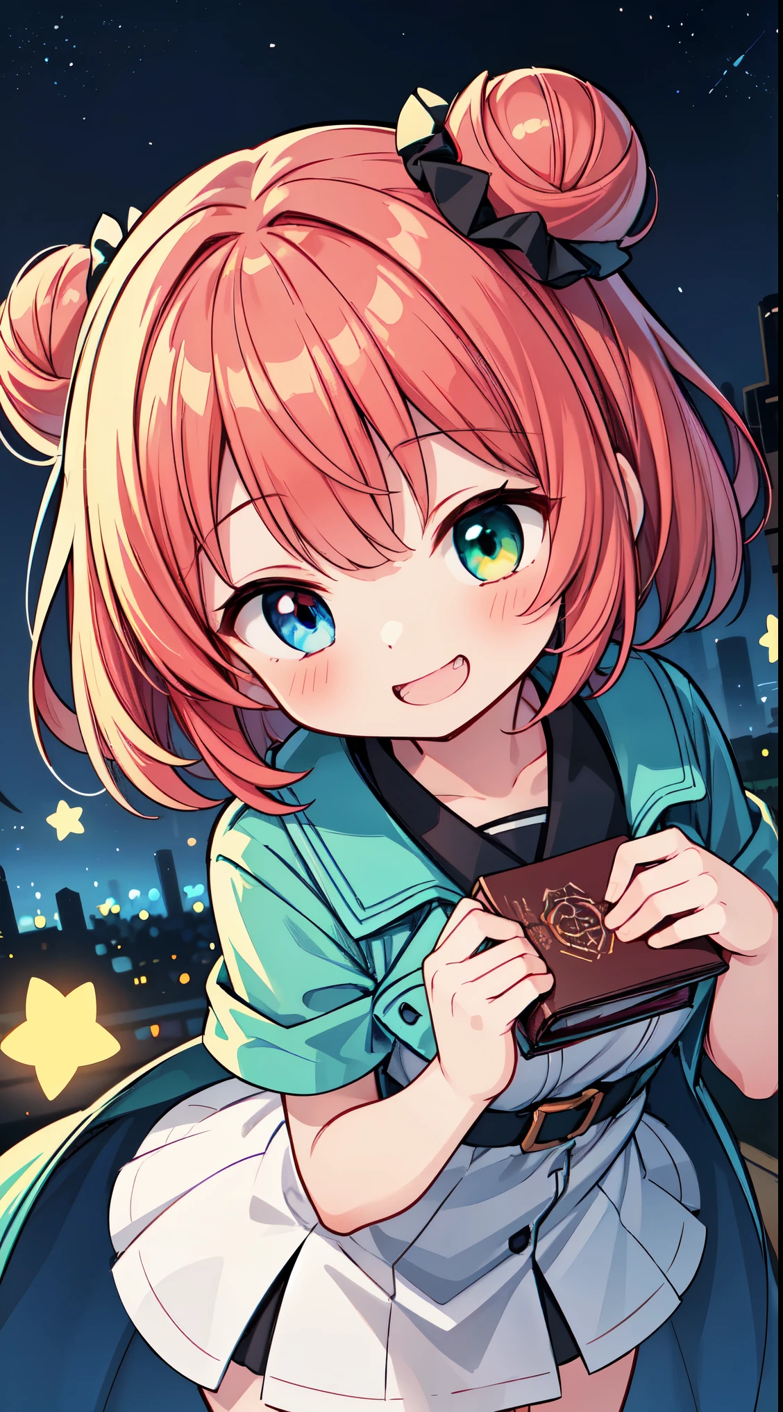 (super fine illustration:1.2),(masterpiece, 8k), (best quality, high quality:1.4), perfect anatomy, hyper detailed, ultra detailed,masterpiece background,beautiful detailed background, v8k wallpaper,perfect design,award-winning art,atmospheric,
BREAK, 1 beautiful girl, (kawaii:1.5), (Chibi: 0.8), (kawaii: 1.5), (: 0.5), (17 years old girl), BREAK(Red hair, short-hair,Two buns hair:1.4),(:D,grin:1.3),( Heterochromia,The blue eyes,The green eyes, Eye Highlights,The first hyperfine stars:1.45), star the eye silhouette thick eyelashes, naked double eyelids:1.2),(de pele branca), (The best smile,:D:1.45),
BREAK, Fantasy world city floating high in the fantastic sky,BREAK, (,coat:1.1),
BREAK,wakame,wakame,wakame,(Cowboy Shot,from above:1.4),
BREAK,(Blurry background:1.3),(absurderes, hight resolution, Super Detail Art),cel shading,Clear Color, Lonely optical effect, Beautiful pictures, Bright glow, mystic atmosphere,(Close-up of girl:1.1), Mystical light particle effect,manga influence, clean line drawings,