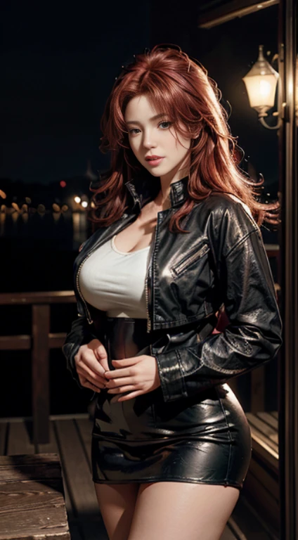 28 year old charming woman, 173cm height, Long red hair reaching waist。 The black tight-fitting leather jacket elegantly hugs her curvy figure, Super mini skirt highlights charming silhouette. Standing elegantly in high heels on a quiet moonlit night, Bathed in the soft moonlight. The scene exudes an ethereal and dreamy atmosphere, With a touch of mystery and sex appeal . Graphic style blends watercolor and digital illustration techniques，Evoke refined beauty and charm. Soft highlights and shadows cast on flattering features. Bare thighs, big breasts, Three-dimensional facial features, standing