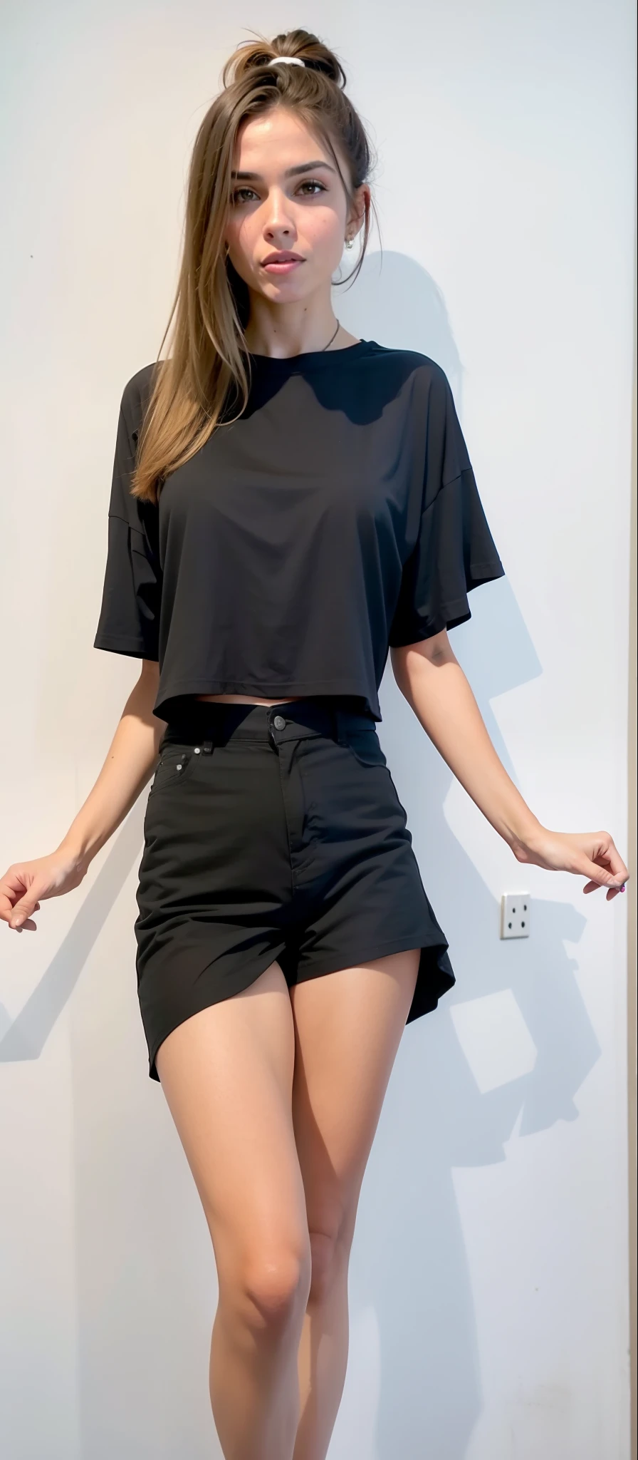 Mulher de camisa preta e bermuda branca posando para foto, vestindo shorts e camiseta, exposed Coxas!!!, grosso, she is dancing. realista, cute face with arms and legs, her wardrobe is attractive, tocando suas roupas, roupas reveladoras, gif, exposed Coxas, she is dancing, vestindo camiseta preta, Coxas, dancing in the background