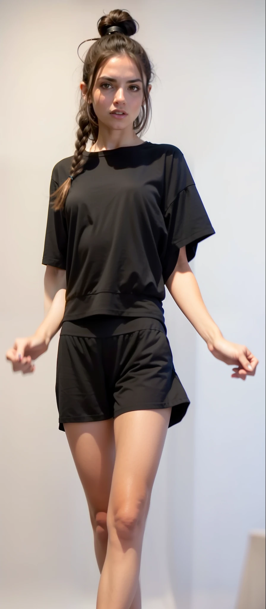 Mulher de camisa preta e bermuda branca posando para foto, vestindo shorts e camiseta, exposed Coxas!!!, grosso, she is dancing. realista, cute face with arms and legs, her wardrobe is attractive, tocando suas roupas, roupas reveladoras, gif, exposed Coxas, she is dancing, vestindo camiseta preta, Coxas, dancing in the background