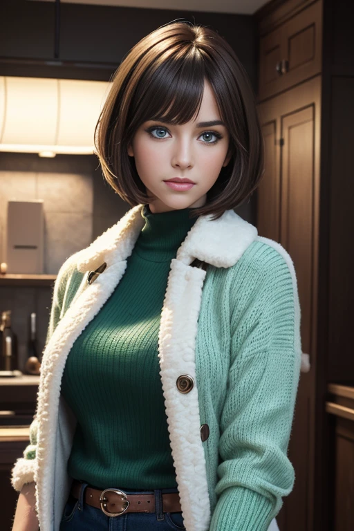 (best quality,4k,8k,highres,masterpiece:1.2),ultra-detailed,(realistic,photorealistic,photo-realistic:1.37), portraits, vivid colors, studio lighting, professional, HDR, UHD, sharp focus,physically-based rendering,extreme detail description, bokeh, girl, brown hair, bob haircut with bangs, 2girls, purple snow jacket, green sweater inside, white gloves, blue eyes, slightly serious expression