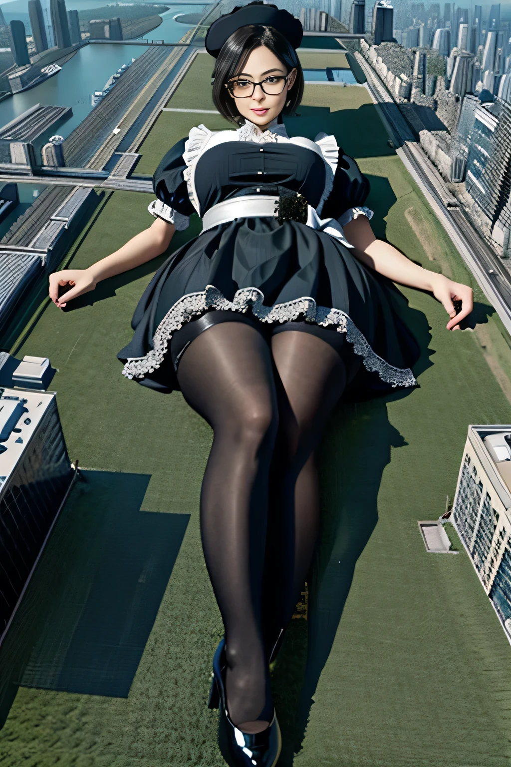 giantess art, 非常に詳細なGiantショット, Giant, short hair, black pantyhose, A maid that is much bigger than a skyscraper, wearing rimless glasses, big breasts, big butt, navy maid uniform, black pantyhose, black shoes, very small metropolis, miniature metropolis, full body description, gts, giga giantess, stomping city, crash city, tiny city, micro city, maid, a plan of a city,