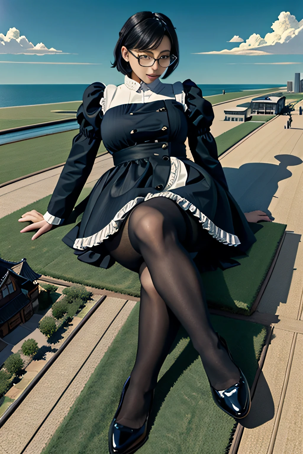 giantess art, 非常に詳細なGiantショット, Giant, short hair, black pantyhose, A maid that is much bigger than a skyscraper, wearing rimless glasses, big breasts, big butt, navy maid uniform, black pantyhose, black shoes, very small metropolis, miniature metropolis, full body description, gts, giga giantess, stomping city, crash city, tiny city, micro city, maid, a plan of a city, 