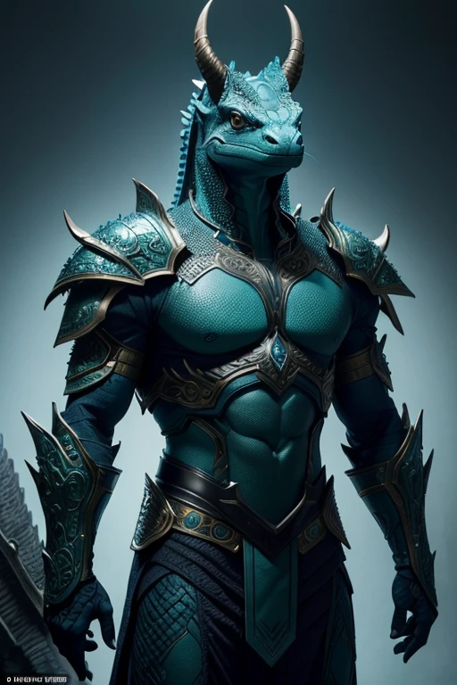 fking_scifi anthropomorphic Komodo Dragon King. Show the whole body. The skin color is blue-green. The presence of horns on the head. Armor with intricate details. Rich in scale texture. Professional studio shots. Ultra-realistic, intricate details