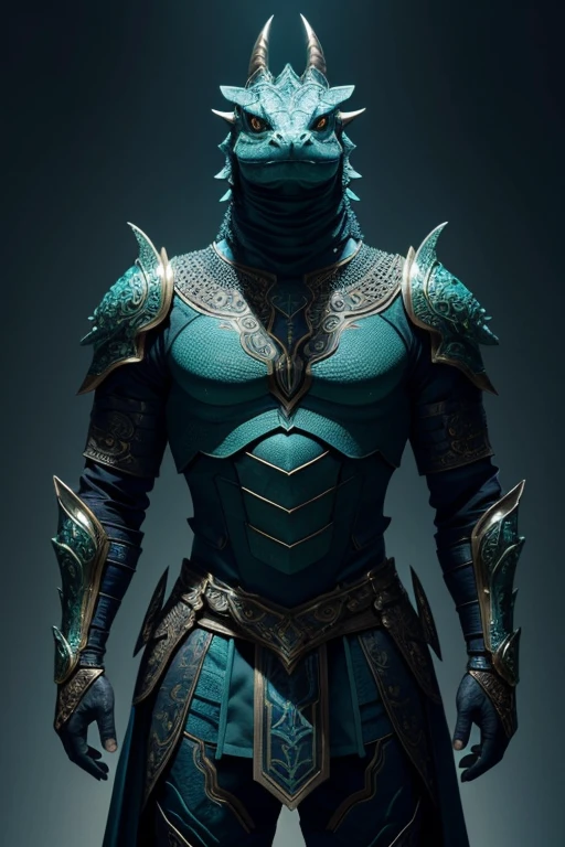 fking_scifi anthropomorphic Komodo Dragon King. Show the whole body. The skin color is blue-green. The presence of horns on the head. Armor with intricate details. Rich in scale texture. Professional studio shots. Ultra-realistic, intricate details