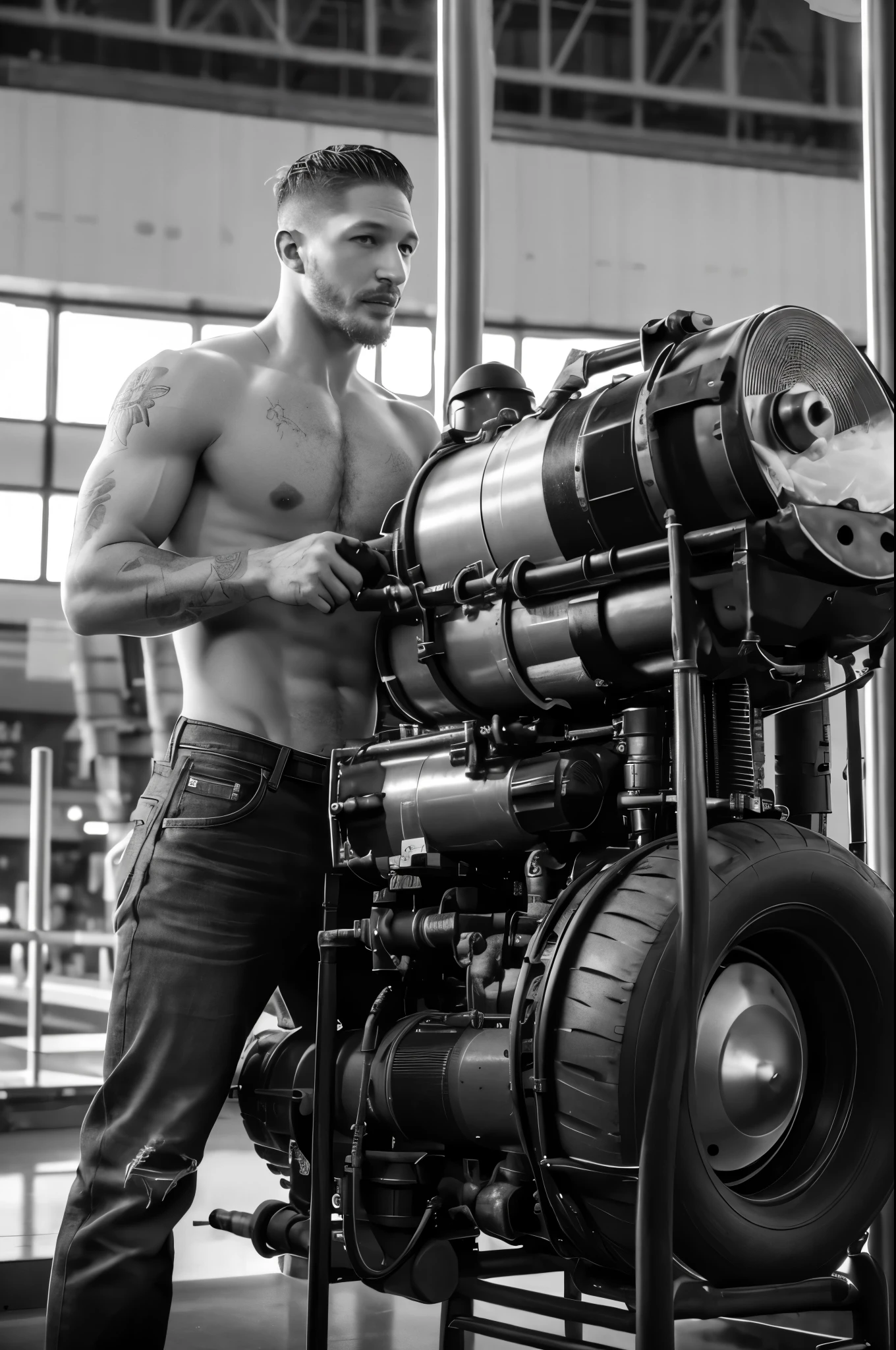 (Black and white photo shoot), (actor Tom Hardy is repairing an airplane engine), Tom Hardy (holding a super large air gun Pneumatic Runner: 1.34), (with oil stains on his face), his fair and smooth skin is flawless, his eyes are deep, his chin and face are smooth, his muscles are well-developed, he doesn't have a top, and he wears jeans on the lower body (a very short round inch hairstyle), his decisive style, sharp focus,
Movie lighting, background: airport repair workshop,