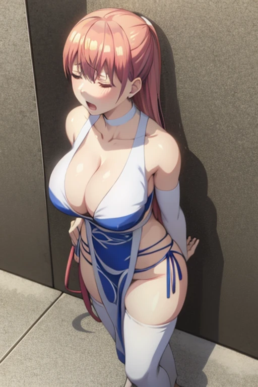 masterpiece, high resolution, best quality, beautiful art, 1 woman, solo, Ichika Nakano,big ed, cleavare woman, apanese clothes, sexy outfit, allurinody, full body, white panties peeking, pelvicn, sexy thighs and legs, sleevele white stockings, ryona, in peril, she is being beaten up, receiving body damage, being punched in the face, reacting to pain, slammed against the wall, screaming in agony, closed eyes, cornered, in trouble, dominated, fainting, Ryona scene,ing breasts, beach environment