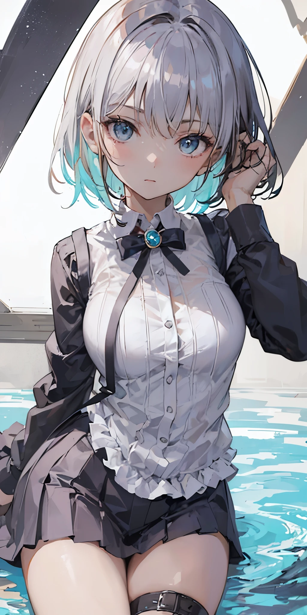 "A cute anime-style girl with short silver hair and beautiful aqua blue eyes. The image should capture her youthful and lively essence, highlighting the unique color of her eyes and the playful style of her hair. The resolution should be 8K to ensure detailed and high-quality rendering."