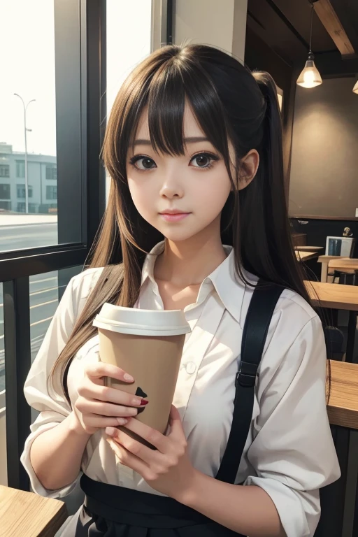 there is a woman that is holding a cup of coffee, anime girl in real life, realistic young anime girl, portrait of cute anime girl, cute natural anime face, kawaii realistic portrait, realistic anime 3 d style, cute kawaii girl, attractive anime girl, photorealistic anime, mysterious coffee shop girl, young anime girl, cute anime girl, anime girl with long hair