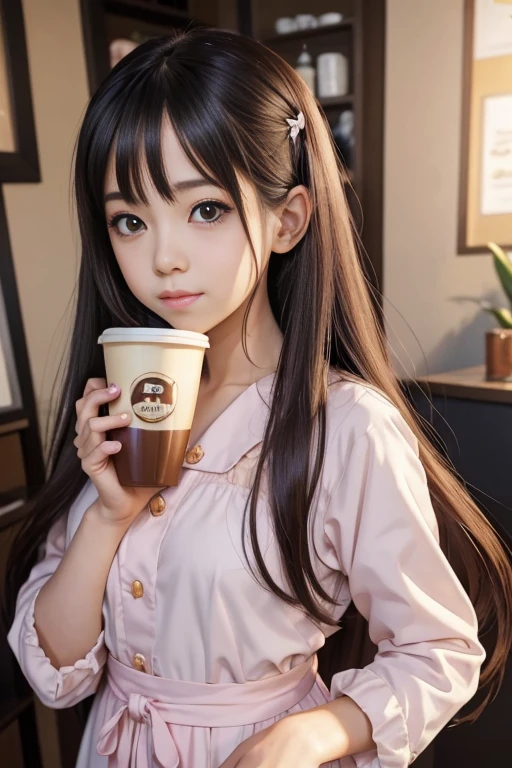 there is a woman that is holding a cup of coffee, anime girl in real life, realistic young anime girl, portrait of cute anime girl, cute natural anime face, kawaii realistic portrait, realistic anime 3 d style, cute kawaii girl, attractive anime girl, photorealistic anime, mysterious coffee shop girl, young anime girl, cute anime girl, anime girl with long hair