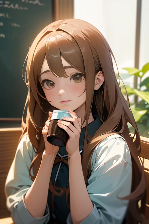 there is a woman that is holding a cup of coffee, anime girl in real life, realistic young anime girl, portrait of cute anime girl, cute natural anime face, kawaii realistic portrait, realistic anime 3 d style, cute kawaii girl, attractive anime girl, photorealistic anime, mysterious coffee shop girl, young anime girl, cute anime girl, anime girl with long hair