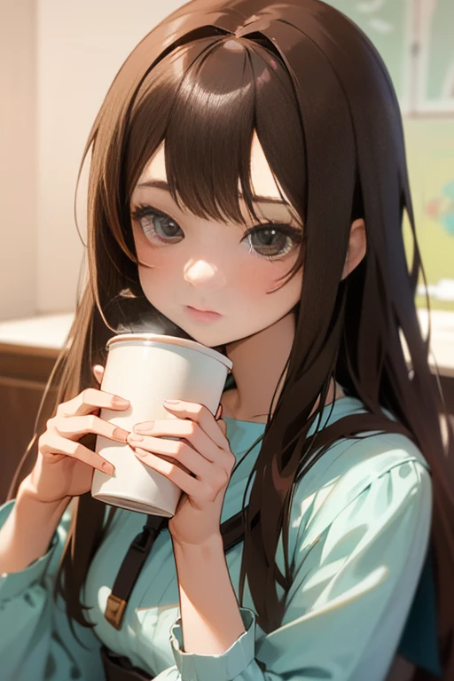 there is a woman that is holding a cup of coffee, anime girl in real life, realistic young anime girl, portrait of cute anime girl, cute natural anime face, kawaii realistic portrait, realistic anime 3 d style, cute kawaii girl, attractive anime girl, photorealistic anime, mysterious coffee shop girl, young anime girl, cute anime girl, anime girl with long hair