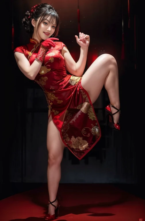 like a movie,perfect face,dynamic composition,long eyelashes,Asian woman in red cheongsam, Very muscular, kung fu pose,braid hair,beautiful hair ornament,long legs,red high heels,red open finger gloves,smile,