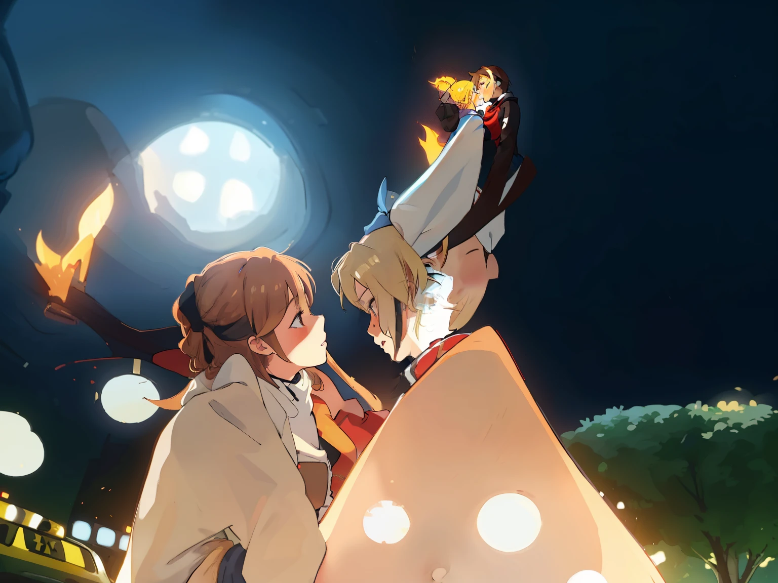 (Boy1 making out with Asuna1 inside the taxi), (Asuna1, female, long blond hair, brown eyes, blue off-shoulder turtleneck top, red short skirt, white sandals, kissing Boy1), (Boy1, male, taller than Asuna1, short red brushed-up hair, red bandanna, brown eyes, black leather jacket, blue jeans, kissing Asuna1), inside taxi