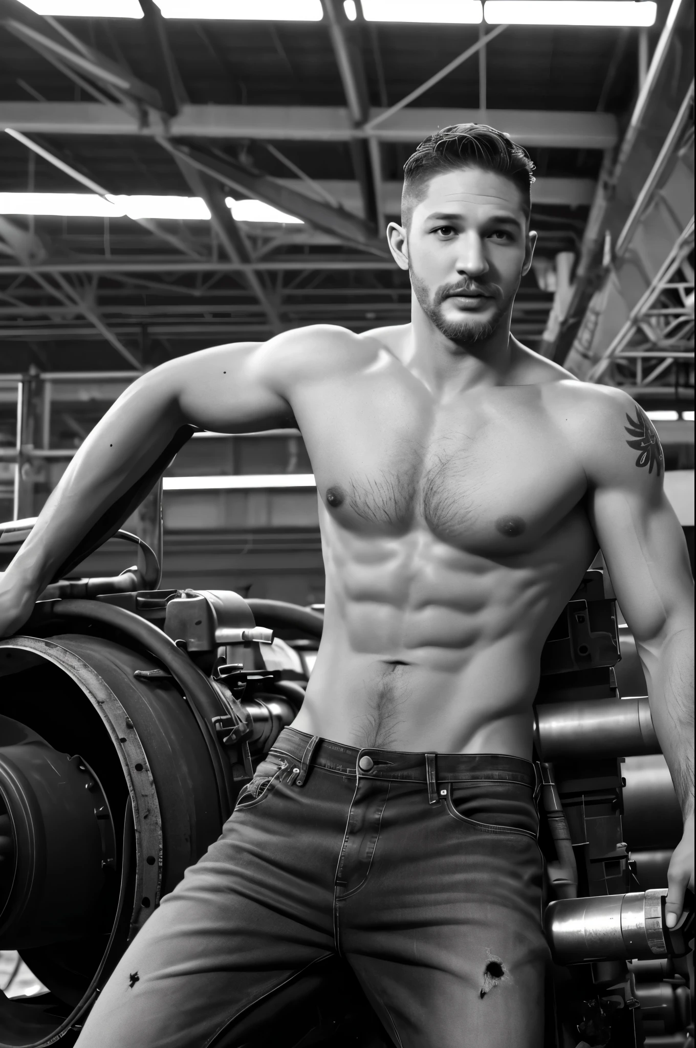 (Black and white photo shoot), (actor Tom Hardy is repairing an airplane engine), Tom Hardy (holding a super large air gun Pneumatic Runner: 1.34), (with oil stains on his face), his fair and smooth skin is flawless, his eyes are deep, his chin and face are smooth, his muscles are well-developed, he doesn't have a top, and he wears jeans on the lower body (a very short round inch hairstyle), his decisive style, sharp focus,
Movie lighting, background: airport repair workshop,