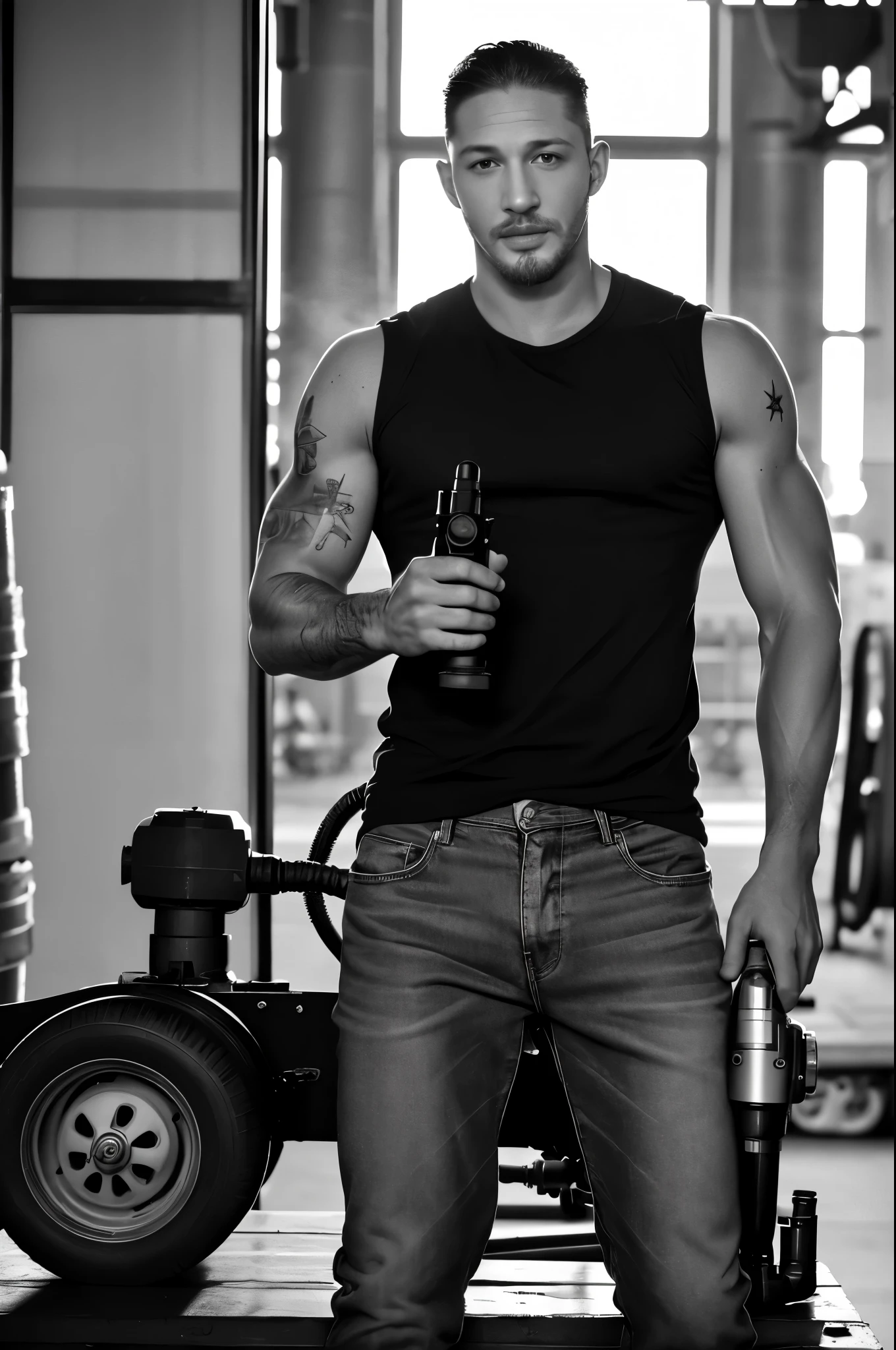 (Black and white photo shoot), (actor Tom Hardy is repairing an airplane engine), Tom Hardy (holding a super large air gun Pneumatic Runner: 1.34), (with oil stains on his face), his fair and smooth skin is flawless, his eyes are deep, his chin and face are smooth, his muscles are well-developed, he doesn't have a top, and he wears jeans on the lower body (a very short round inch hairstyle), his decisive style, sharp focus,
Movie lighting, background: airport repair workshop,