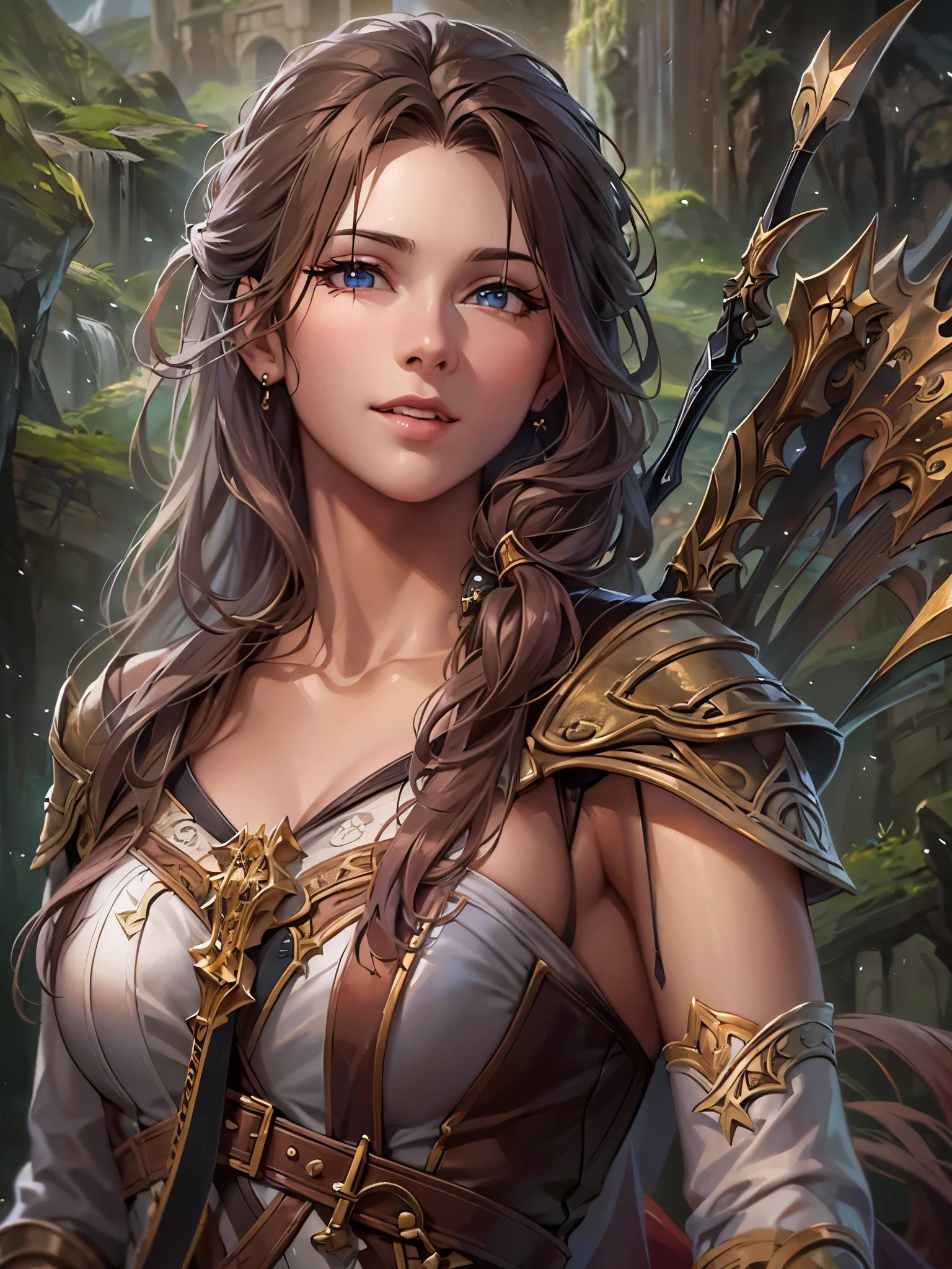 ((highest quality)),(ultra high resolution),(Super detailed),(detailed description),((best CG)),(best work of art),super precision art,great drawing art,(Fantasy art with precise details:1.5), (1 woman:1.5),beautiful and well-shaped face:1.5,smile:1.5,Proportioned proportions:1.4,bow and arrow:1.1,
