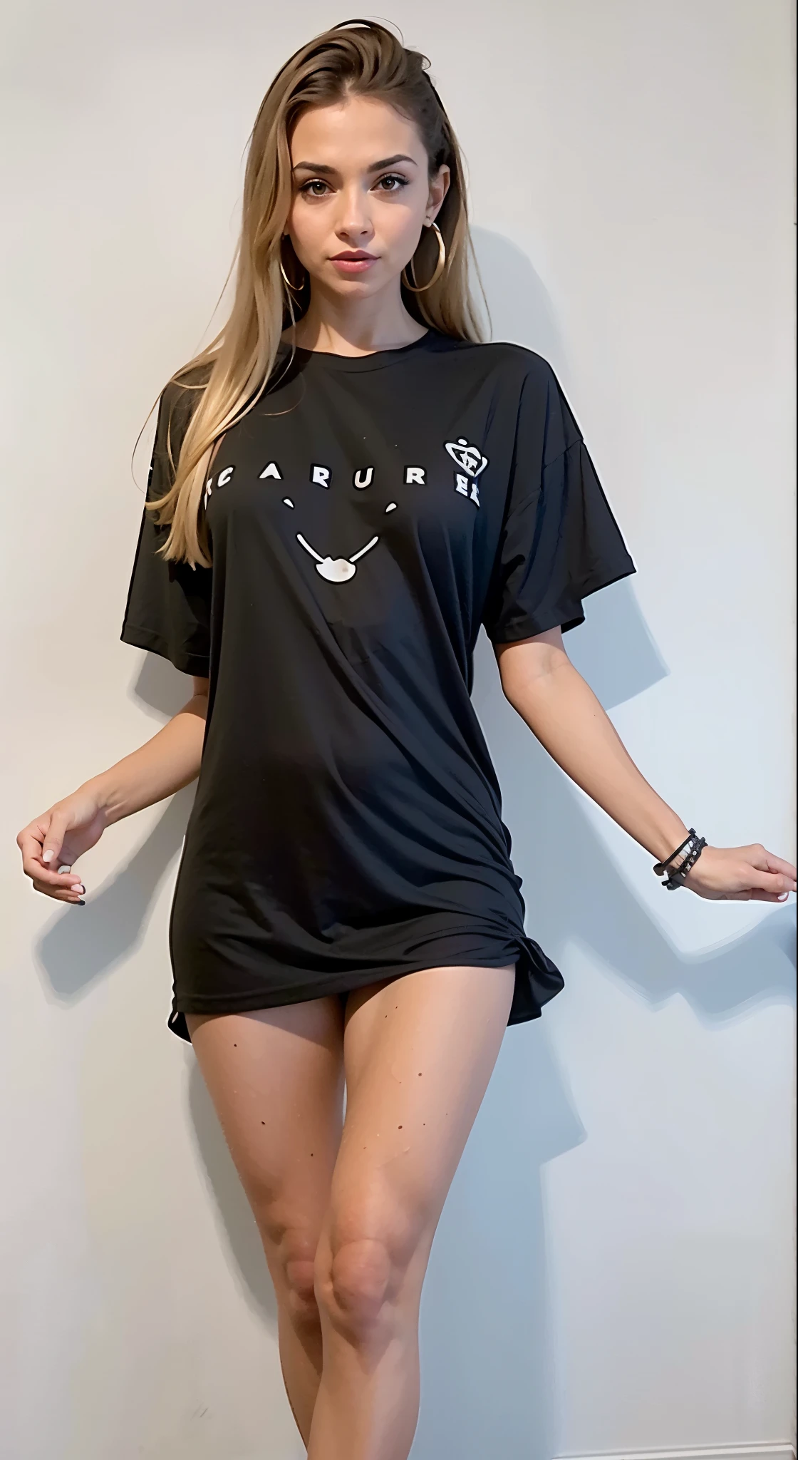 Mulher linda de camisa preta e calcinha branca posando para foto, vestindo calcinha e camiseta, coxas expostas!!!, vestindo camiseta preta, cute face with arms and legs, vestindo uma camiseta preta, she is wearing a black dress, grosso, vestindo uma camiseta preta, she is dancing. realista, vestida com top e shorts, vestido curto