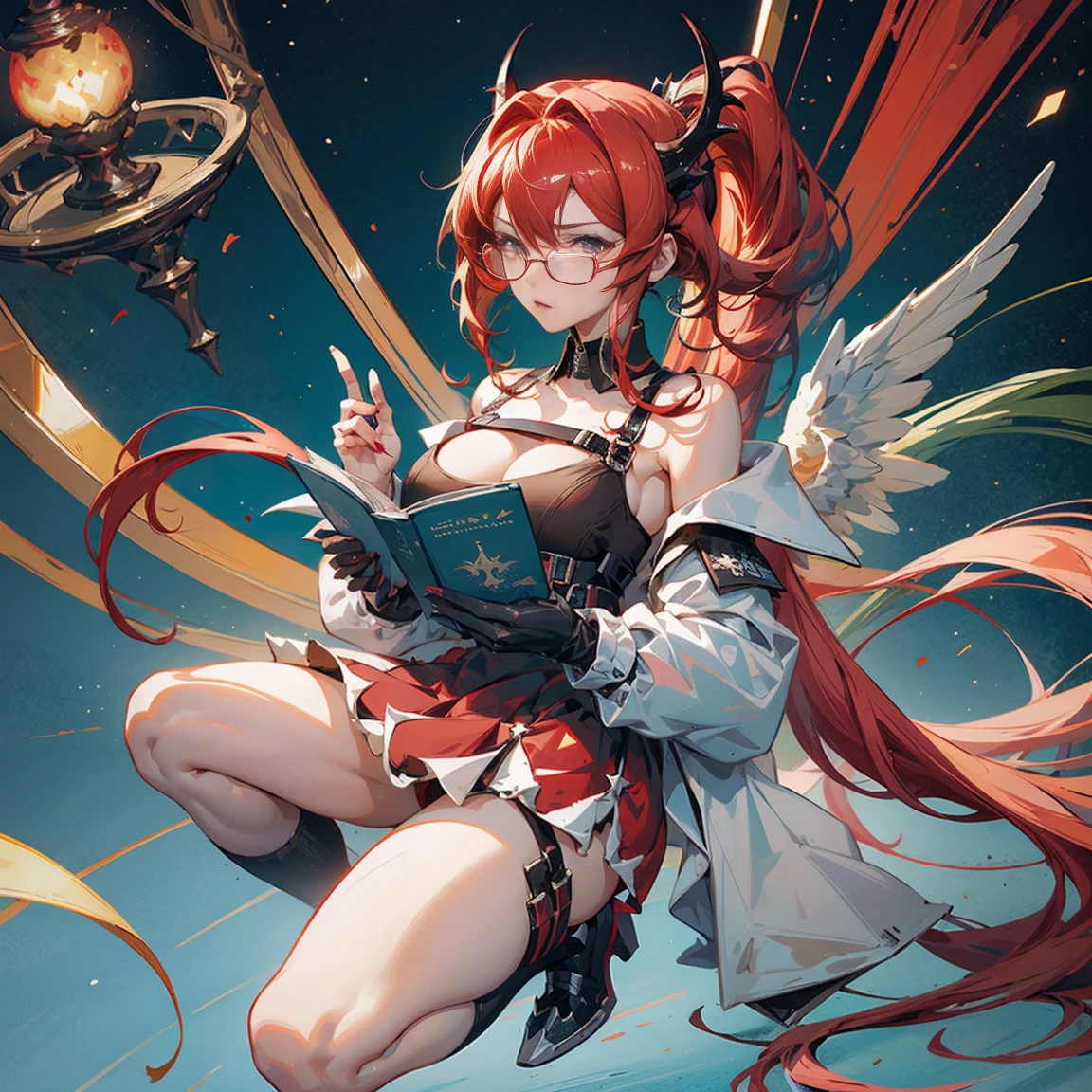 Anime girl, red hair, high ponytail, one white streak of hair in the front, crystal hair band , ((glasses)), librarian dress, shoulder pads that look like wings, color palette red gold and teal, books