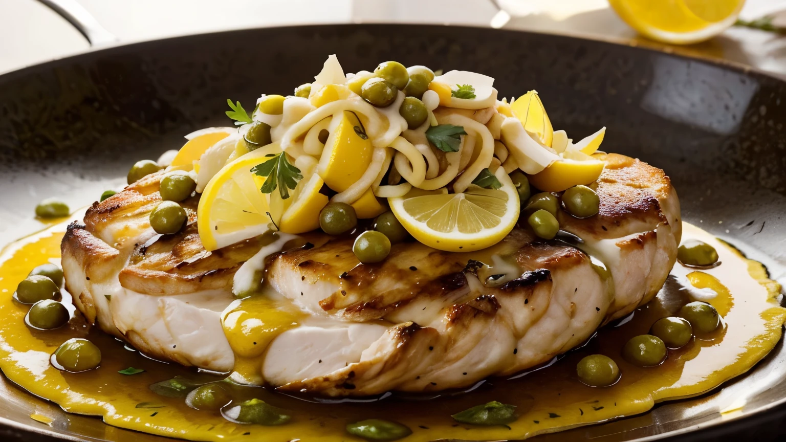 Compose a vivid culinary scene capturing the grand finale of the "Symphony of Flavor: Chicken Piccata Crescendo." Picture a plate adorned with golden, pan-seared chicken breasts draped in a velvety lemon-caper sauce, accompanied by a confetti of freshly chopped parsley and adorned with slices of vibrant lemon. Envision this masterpiece harmoniously presented over a bed of perfectly cooked pasta, the visual crescendo of a culinary opus. The interplay of colors, textures, and aromas should evoke the sensory delight of savoring this zesty and savory dish.