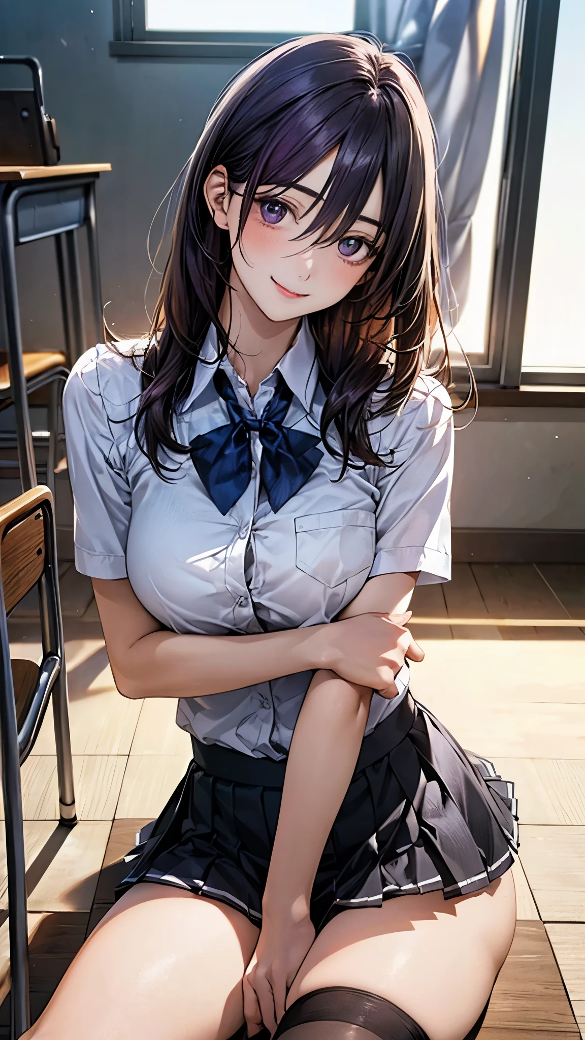 (masterpiece:1.2, top-quality), (realistic, photorealistic:1.4), beautiful illustration, (natural side lighting, movie lighting), nsfw,
looking at viewer, cowboy shot, front view:0.6, 1 girl, japanese, high school girl, perfect face, cute and symmetrical face, shiny skin,
(middle hair:1.2, messy hair:1.2, purple hair), hair between eyes, purple eyes, long eye lasher, (large breasts:0.7, thick thighs),
beautiful hair, beautiful face, beautiful detailed eyes, beautiful clavicle, beautiful body, beautiful chest, beautiful thigh, beautiful legs, beautiful fingers,
((white collared shirts, grey pleated mini skirt, black socks, blue bow tie)),
(beautiful scenery), evening, classroom, desks, chairs, curtains, sitting chair, hands on mouth, (lovely smile, head tilt),