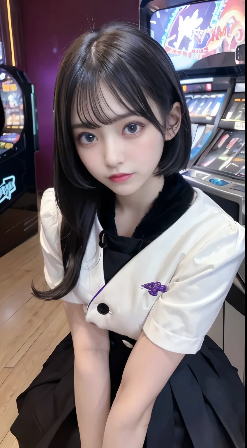 smile,(masterpiece, best quality), super high resolution, (Top Quality photorealistic), (Super Definition), (high Saturation:1.2), detailed beautiful face and eyes, very detailed background, dynamic lighting, (an extremely delicate and beautiful), nice hands, perfect hands, (appropriate posture), (appropriate configuration), ideal ratio body proportions,
((1girl)), solo, stand, (open stance:1.3), spread arms, close-up upper body, (from below), in the game center, arcade game machine, claw crane machine, neon lighting, colorful lighting, beautiful lighting,
BREAK
cute girl, 18 years old, beautiful detailed blue eyes, (black medium bob hair:1.2), medium breasts, (expressionless), parted lips, (looking afar:1.3), floating hair,
long scarf, (purple duffel coat:1.2), pleated skirt, (white thighhighs) ,