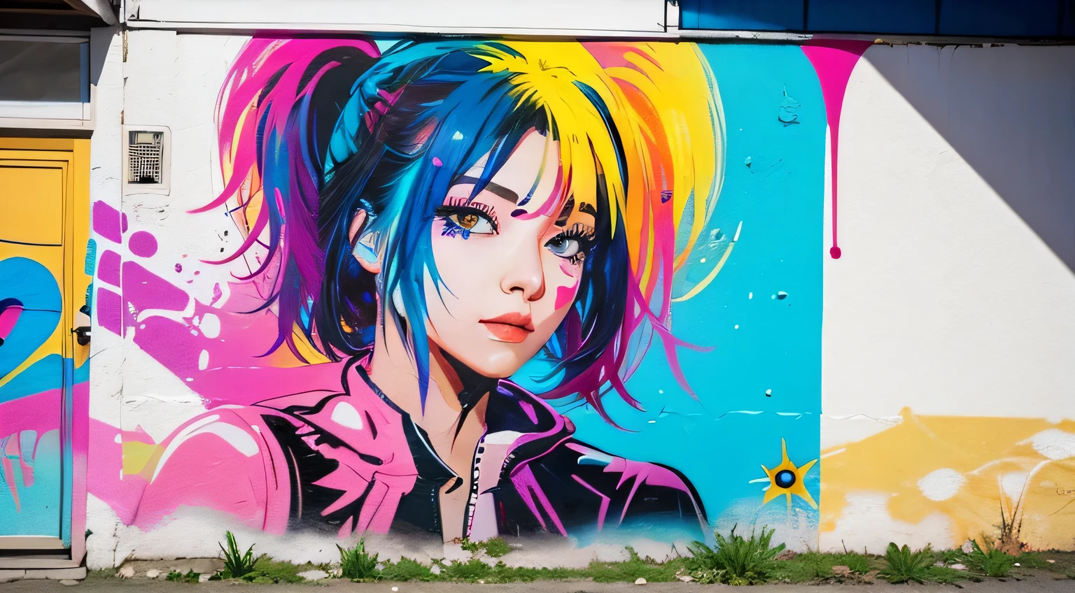 1 female, painting, graffiti on the walls, colorful