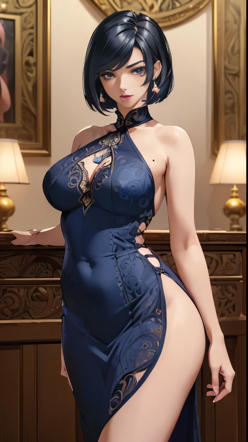 1 female, single, alone, beautiful anime woman, (((masterpiece, highest quality, Very detailed CG, intricate details, 8K)):1.5)
 ((straight hair,very short bob:1.2,Short shoulder-length dark blue hair, hair with volume, dull bangs, dark blue hair,hair above eyebrows,purple eyeshadow:0.5,dark blue eyes,slanted eyes,beautiful eyelashes,Troubled sharp eyebrows:1.5,Big laugh,
closed mouth,orange lipstick,mole under mouth)),perfect eyes,((Medium chest,bent thighs,Bare left thigh)),((China dress))