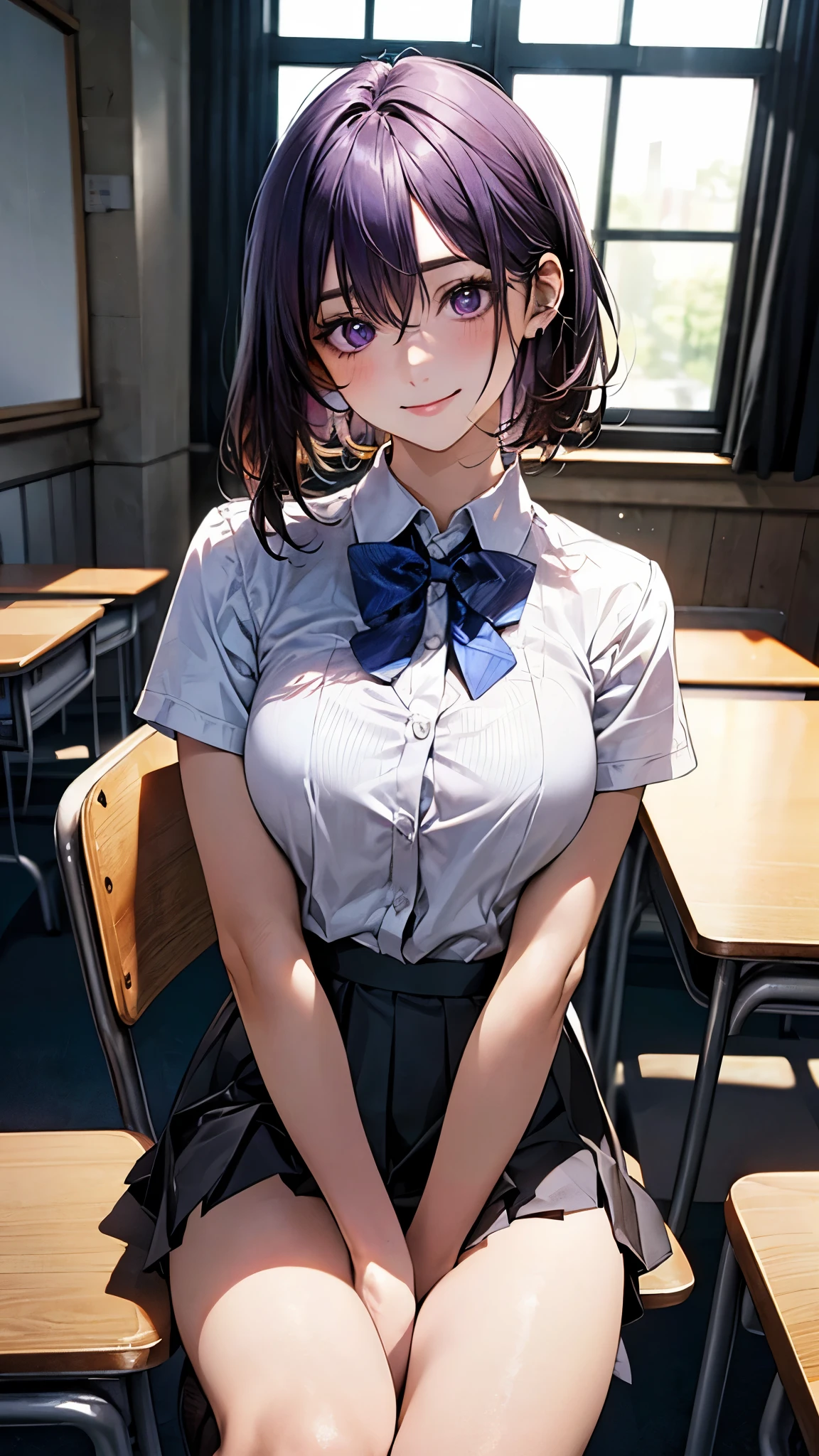 (masterpiece:1.2, top-quality), (realistic, photorealistic:1.4), beautiful illustration, (natural side lighting, movie lighting), nsfw,
looking at viewer, cowboy shot, front view:0.6, 1 girl, japanese, high school girl, perfect face, cute and symmetrical face, shiny skin,
(short hair:1.2, messy hair:1.2, purple hair), hair between eyes, purple eyes, long eye lasher, (large breasts:0.7, thick thighs),
beautiful hair, beautiful face, beautiful detailed eyes, beautiful clavicle, beautiful body, beautiful chest, beautiful thigh, beautiful legs, beautiful fingers,
((white collared shirts, grey pleated mini skirt, black socks, blue bow tie)),
(beautiful scenery), evening, classroom, desks, chairs, curtains, sitting chair, hands on mouth, (lovely smile, head tilt),