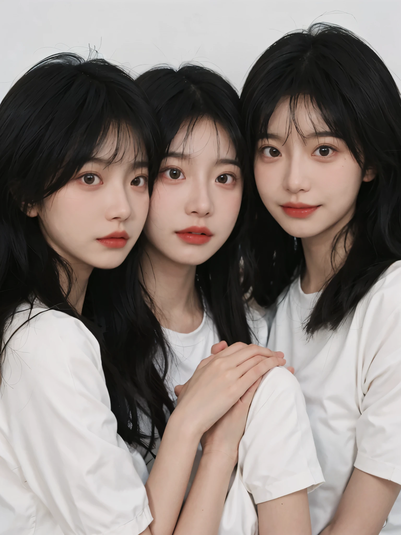 best quality， ultra high resolution， White background，16K，Simply cute，（realistically：1.4）， 2 girls， White short sleeves，twin，triplets，A pair of eyes as clear as snow,Royal sister，looking at the audience， close up ，