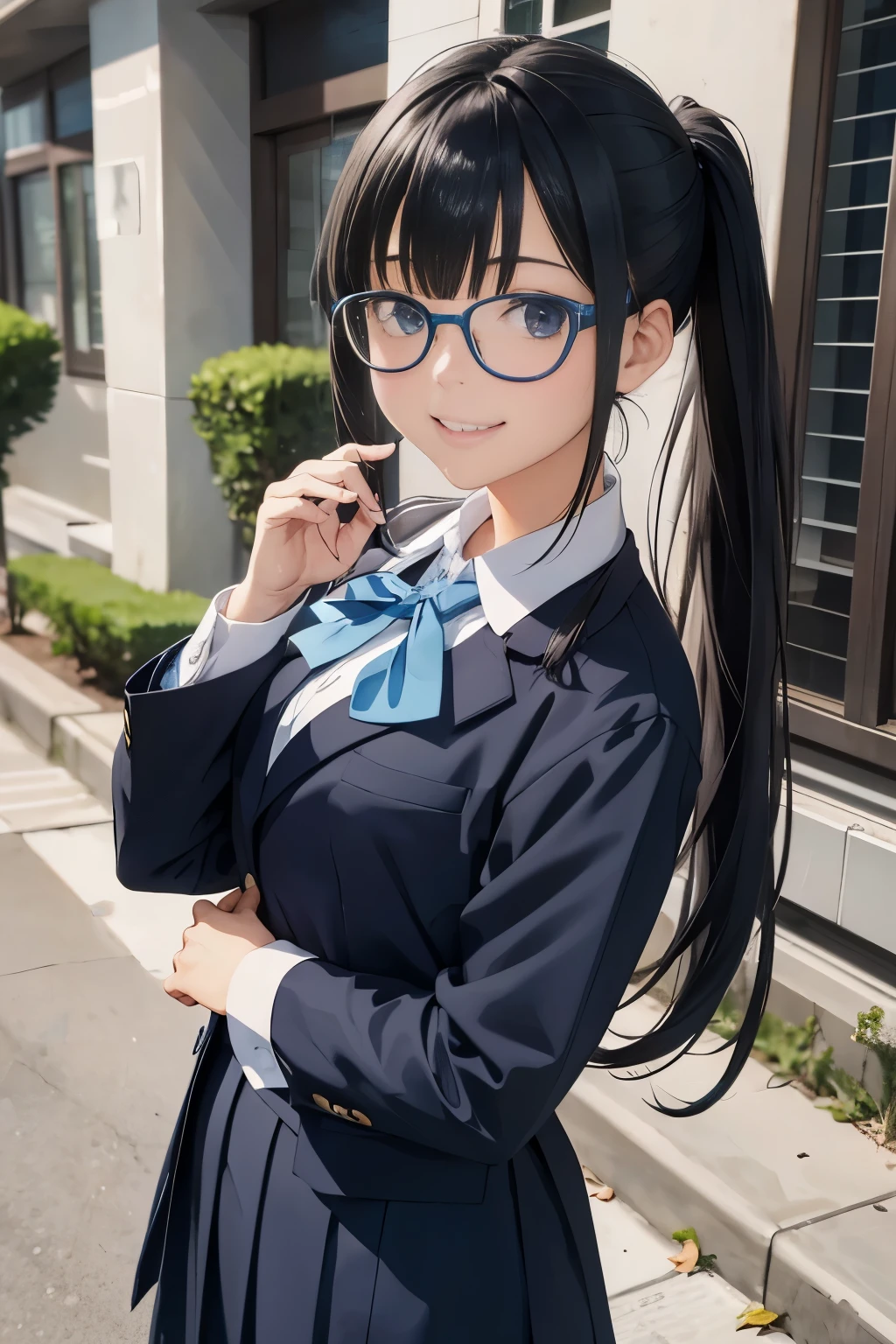 A Beautiful Girl, walk to school, blue catholic , long hair in a ponytail,, bangs, eyeglasses, bright smile, anime