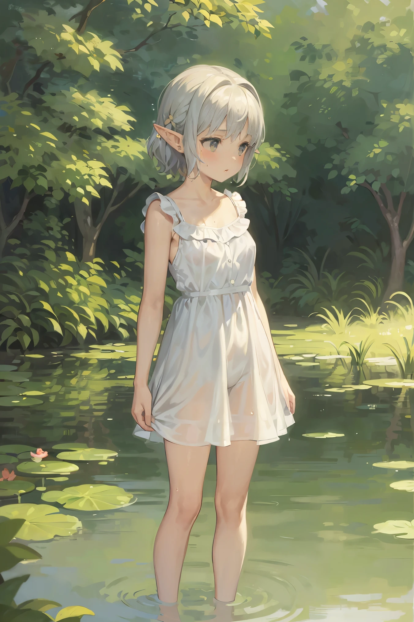 In Claude Monet style, Impressionism, 1girl, upper body focus, (white camisole dress), , full body Esbian, short silver hair, pond, wet, ((curtsey)), elf ear, nipples three-through