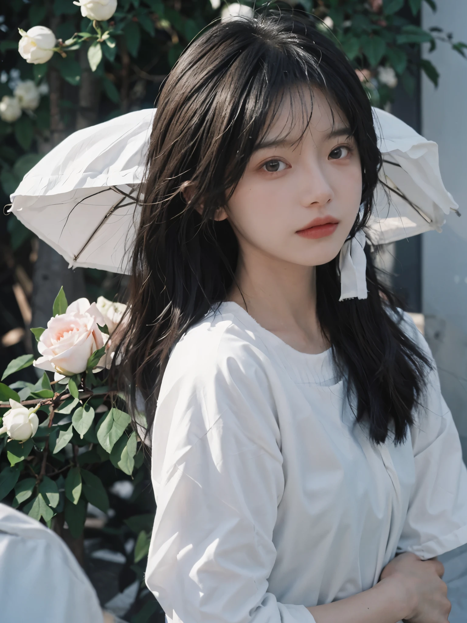 best quality， ultra high resolution， White background，16K，Simply cute，（realistically：1.4）， 2 girls， White short sleeves，twin，rain of roses，A pair of eyes as clear as snow,Royal sister，looking at the audience， close up ，