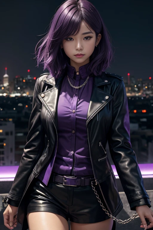 (1girl:1.3),solo,__body-parts__, official art, 8k unit wallpaper, ultra detailed, close-up on face, beautiful and aesthetic, gorgeous, masterpiece, best quality, fantastic atmosphere, calming palette, quiet mood, soft shading, priestess Miko, charm spell, family talisman, priestess duties, dark aesthetic, suit and tie with black leather shorts with many chains around the body and a black leather jacket, Tokyo city in the background, (messy short purple hair),