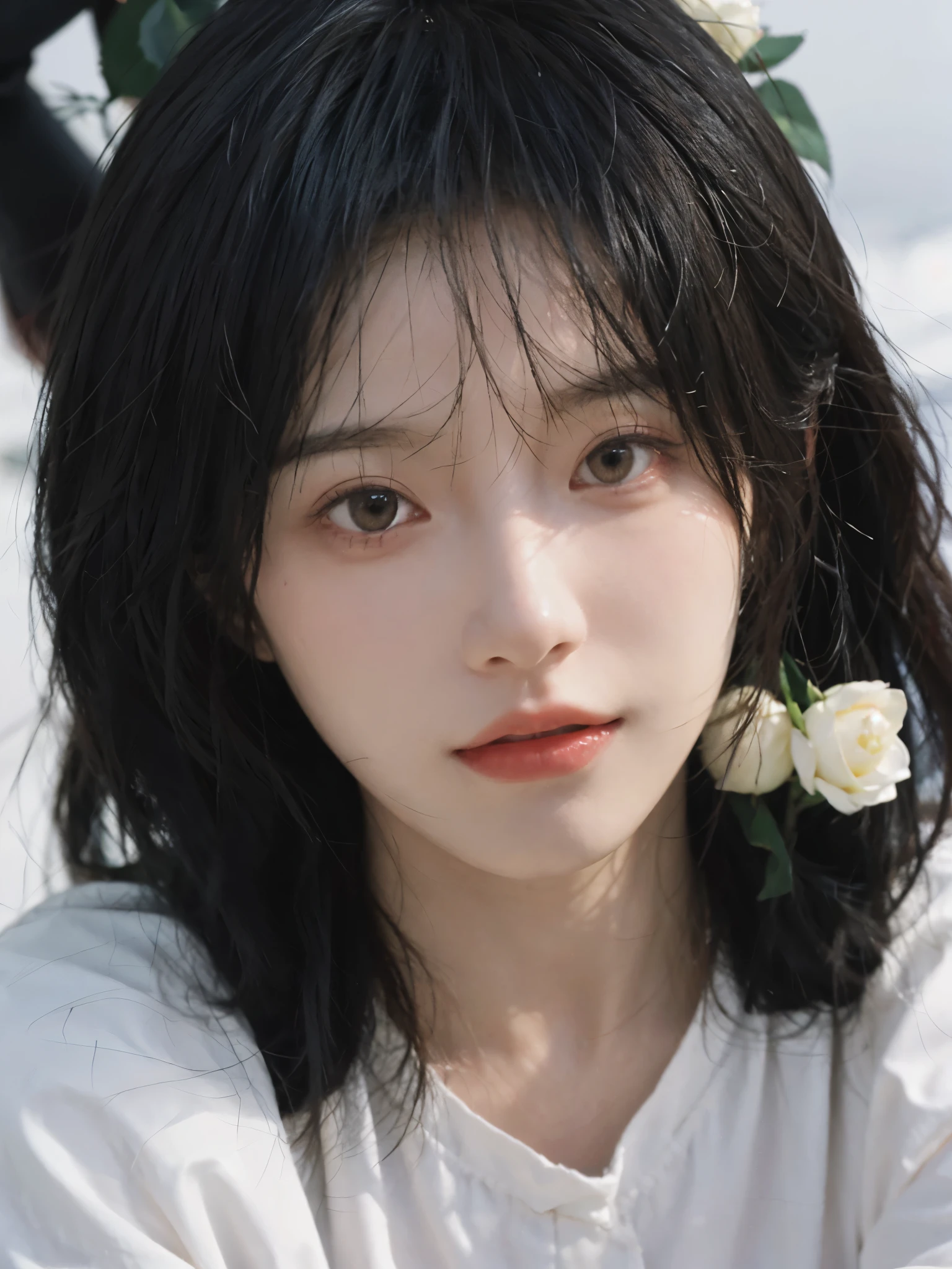 best quality, ultra high resolution, White background,16K,Simply cute,(realistically:1.4), 2 girls, White short sleeves,twin,rain of roses,A pair of eyes as clear as snow,Royal sister,looking at the audience, close up ,