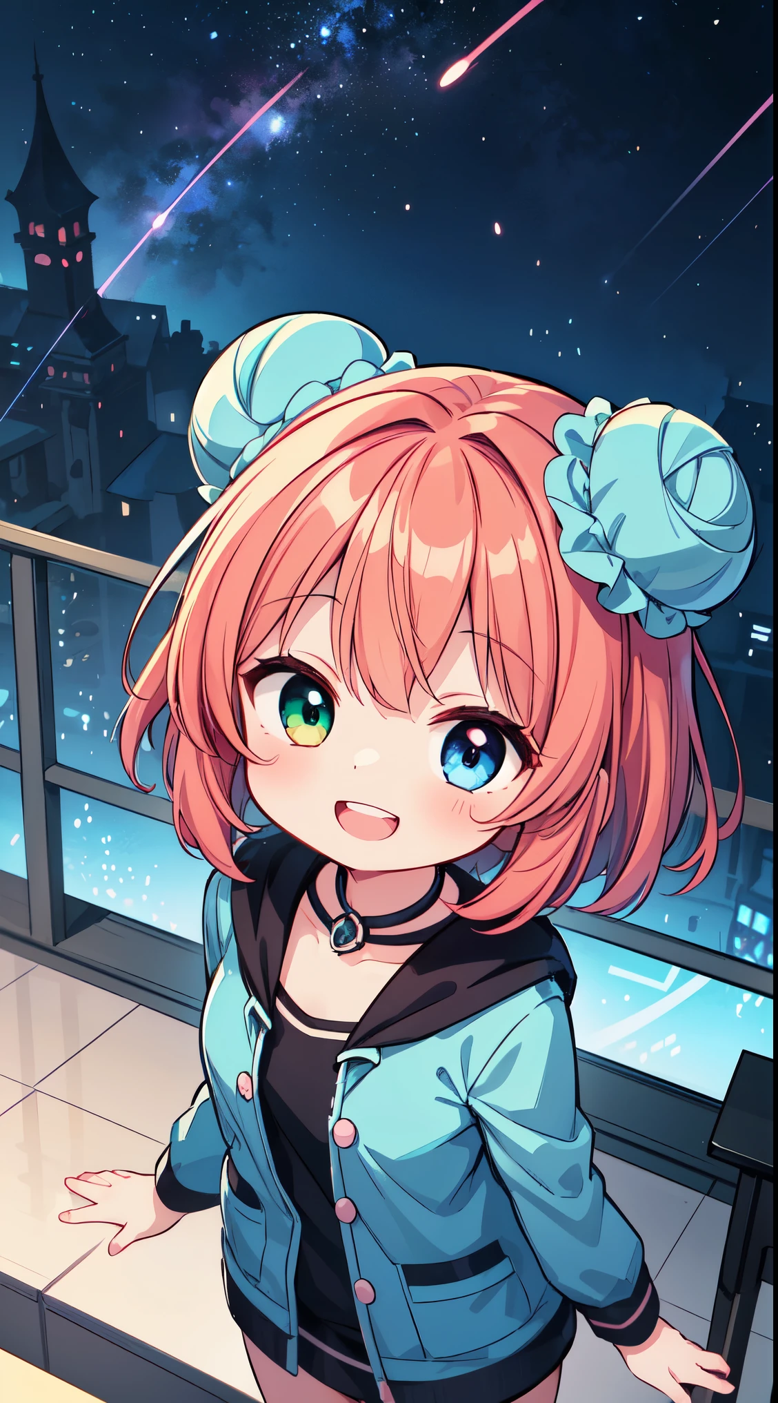 (super fine illustration:1.2),(masterpiece, 8k), (best quality, high quality:1.4), perfect anatomy, hyper detailed, ultra detailed,masterpiece background,beautiful detailed background, v8k wallpaper,perfect design,award-winning art,atmospheric,
BREAK, 1 beautiful girl, (kawaii:1.5), (Chibi: 0.8), (kawaii: 1.5), (: 0.5), (17 years old girl), BREAK(Red hair, short-hair,Two buns hair:1.4),(:D,grin:1.3),( Heterochromia,The blue eyes,The green eyes, Eye Highlights,The first hyperfine stars:1.45), star the eye silhouette thick eyelashes, naked double eyelids:1.2),(de pele branca), (The best smile,:D:1.45),
BREAK, Fantasy world city floating high in the fantastic sky,BREAK, (,coat:1.1),
BREAK,wakame,wakame,wakame,(Cowboy Shot,from above:1.4),
BREAK,(Blurry background:1.3),(absurderes, hight resolution, Super Detail Art),cel shading,Clear Color, Lonely optical effect, Beautiful pictures, Bright glow, mystic atmosphere,(Close-up of girl:1.1), Mystical light particle effect,manga influence, clean line drawings,