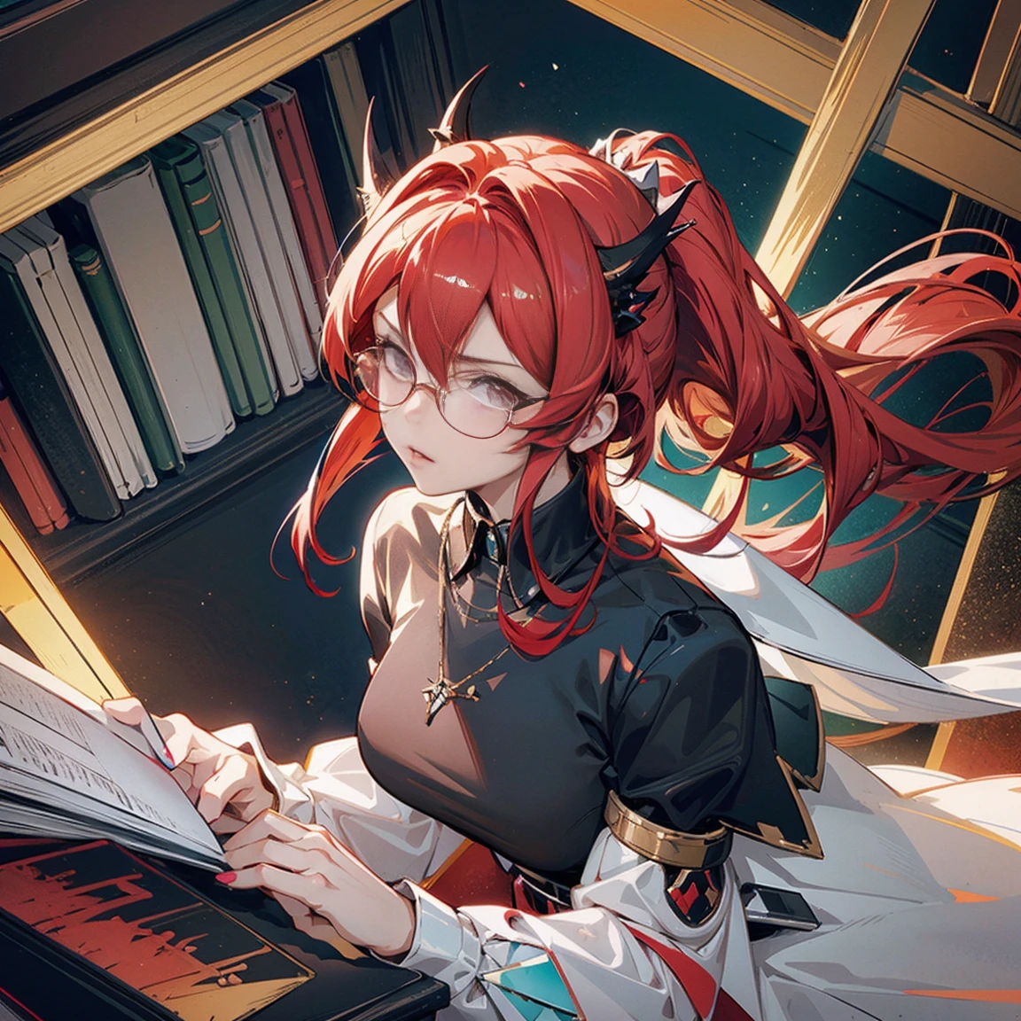 Anime girl, red hair, high ponytail, one white streak of hair in the front, crystal hair band , ((glasses)), librarian dress, shoulder pads that look like wings, color palette red gold and teal, books