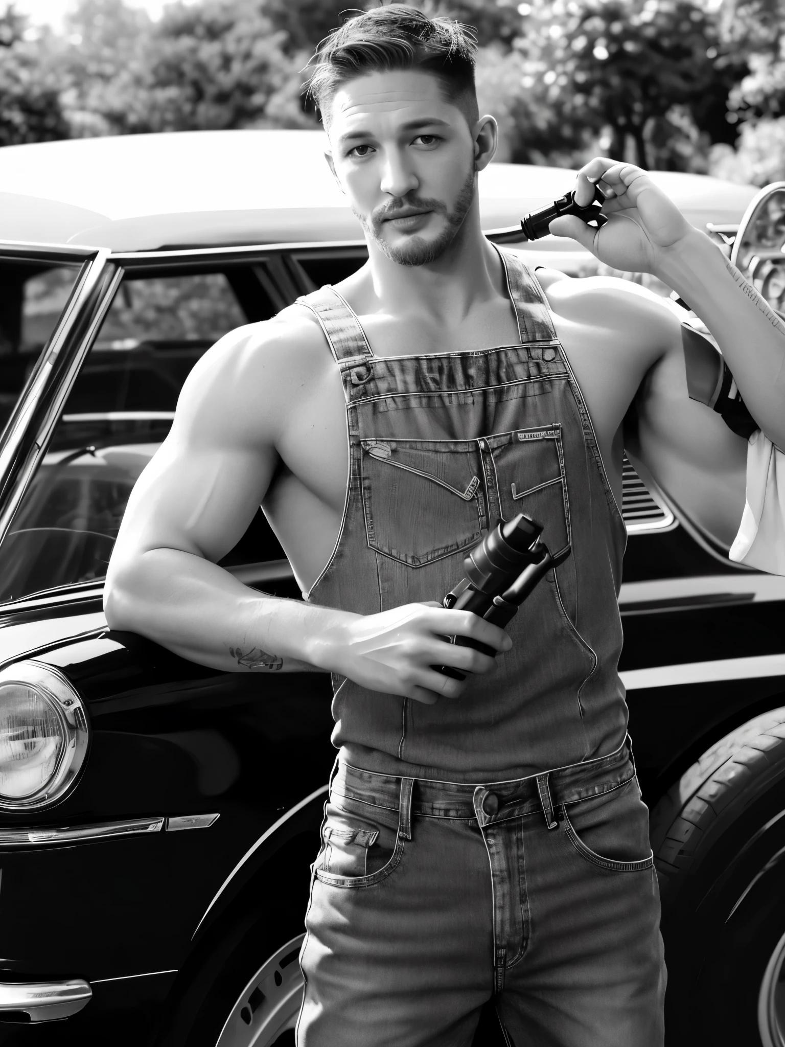 (Black and white photo shoot), (actor Tom Hardy is washing his car), Tom Hardy (holding a super large air gun Pneumatic Runner: 1.34), (with oil stains on his face), his fair and smooth skin is flawless, his eyes are deep, his chin and face are smooth, his muscles are well-developed, there is no top, and he is wearing jeans on the lower body (with a very short round inch hairstyle), his decisive style and sharp focus,
Movie lighting, background: garden,