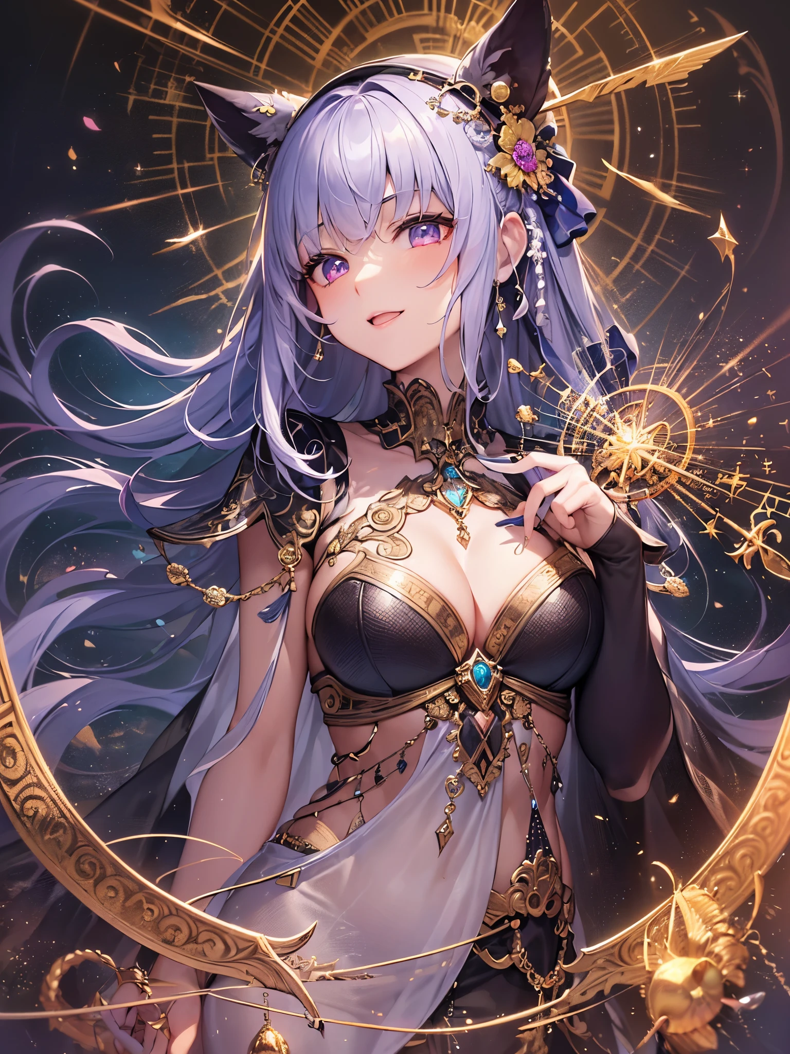 ((highest quality)),(ultra high resolution),(Super detailed),(detailed description),((best CG)),(best work of art),super precision art,great drawing art,(Fantasy art with precise details:1.5), (1 woman:1.5),beautiful and well-shaped face:1.5,smile:1.5,Proportioned proportions:1.4,bow and arrow:1.1,