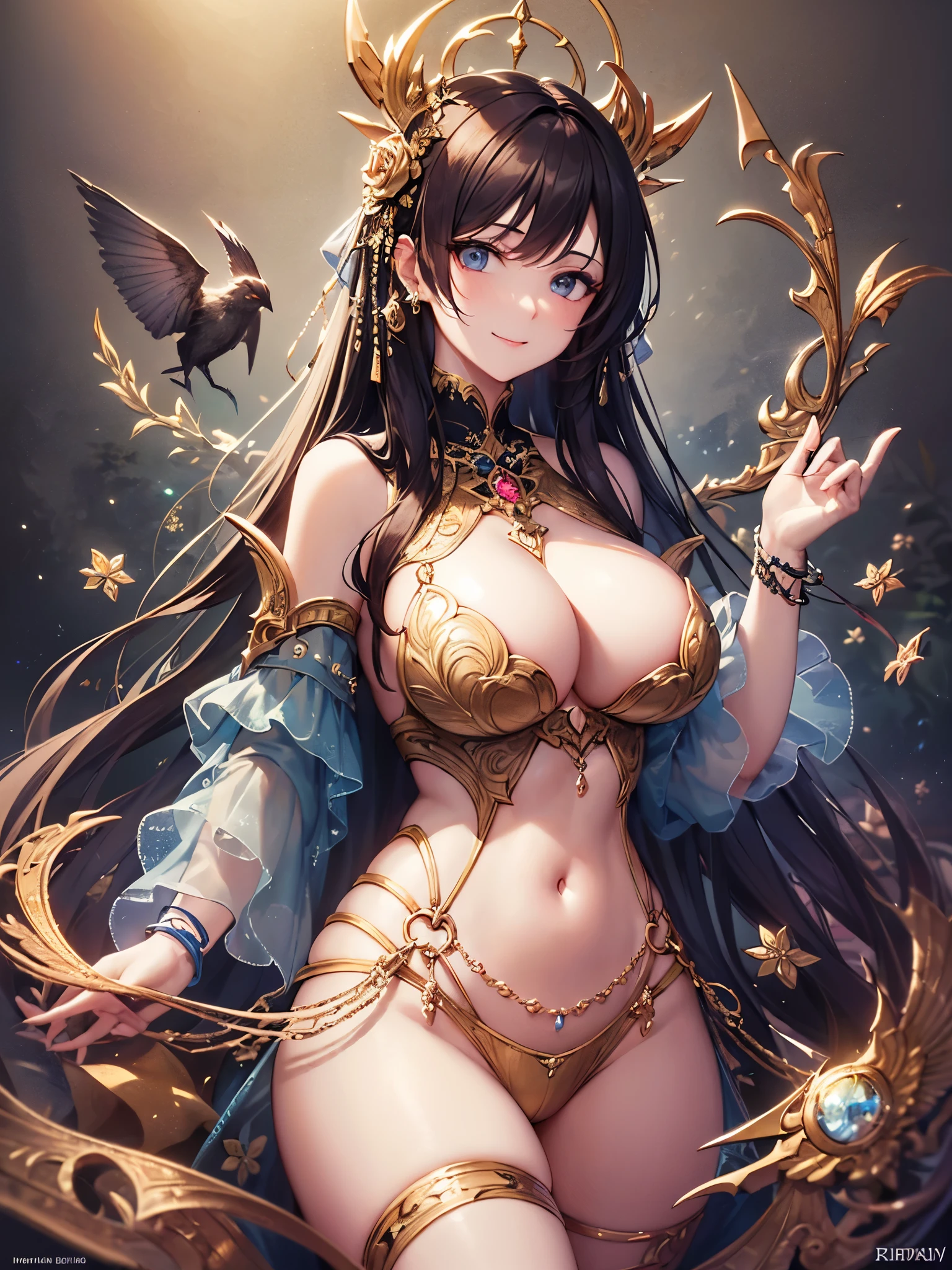 ((highest quality)),(ultra high resolution),(Super detailed),(detailed description),((best CG)),(best work of art),super precision art,great drawing art,(Fantasy art with precise details:1.5), (1 woman:1.5),beautiful and well-shaped face:1.5,smile:1.5,Proportioned proportions:1.4,bow and arrow:1.1,