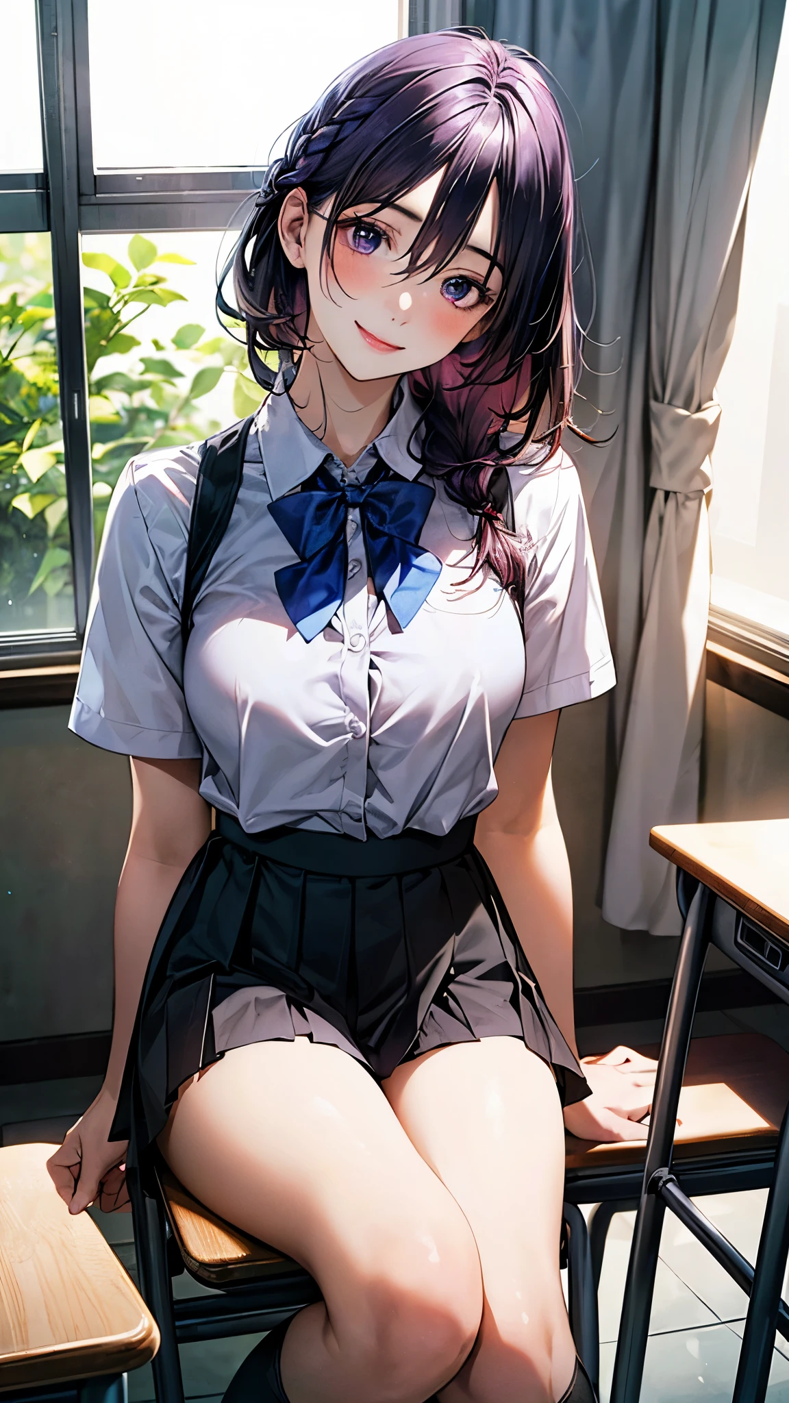 (masterpiece:1.2, top-quality), (realistic, photorealistic:1.4), beautiful illustration, (natural side lighting, movie lighting), nsfw, 
looking at viewer, cowboy shot, front view:0.6, 1 girl, japanese, high school girl, perfect face, cute and symmetrical face, shiny skin, 
(short hair:1.2, messy hair:1.2, braid:1.0, purple hair), hair between eyes, purple eyes, long eye lasher, (large breasts:0.7, thick thighs), 
beautiful hair, beautiful face, beautiful detailed eyes, beautiful clavicle, beautiful body, beautiful chest, beautiful thigh, beautiful legs, beautiful fingers, 
((white collared shirts, grey pleated mini skirt, black socks, blue bow tie)), 
(beautiful scenery), evening, classroom, desks, chairs, curtains, sitting chair, hands on mouth, (lovely smile, head tilt), 